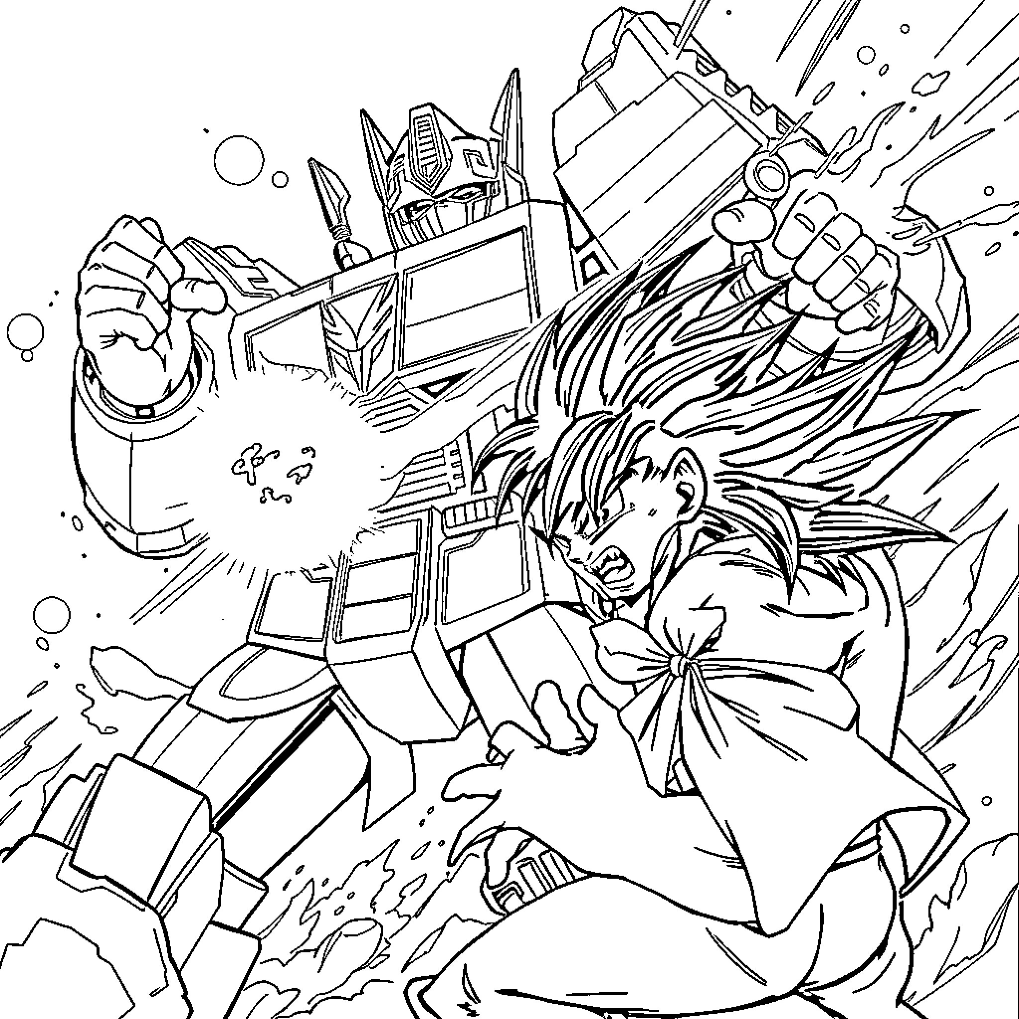 Optimus Prime unleashing powerful battle attack Coloring Page (free black-and-white line drawing printable PDF for all, from beginners to advanced learners, including children, teens, adults, and seniors)