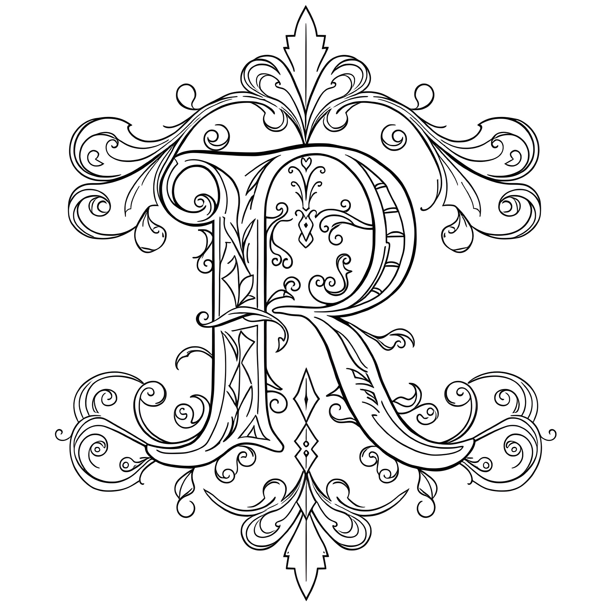 Regal Monogram Emblem with Ornate Design Coloring Page (free black-and-white line drawing printable PDF for all, from beginners to advanced learners, including children, teens, adults, and seniors)