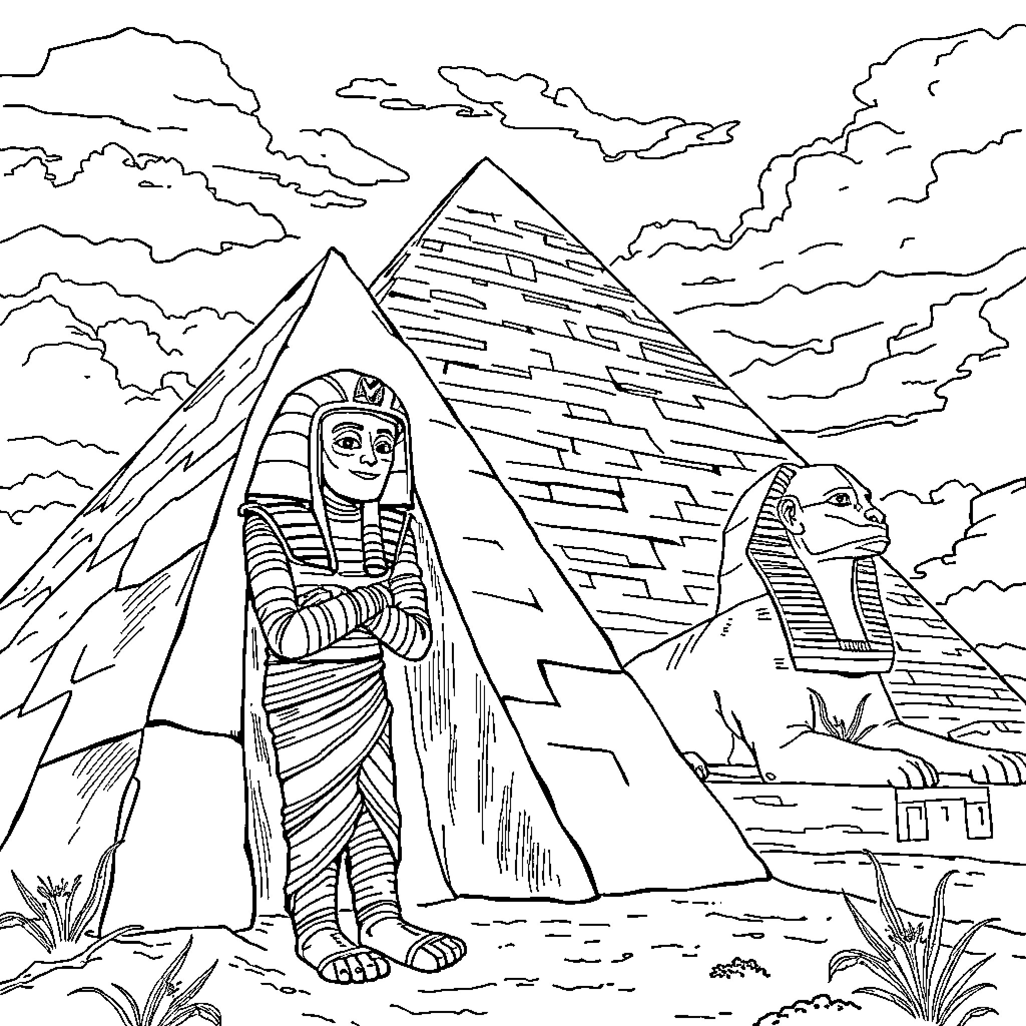 Mummy Standing Beside Egyptian Pyramid and Sphinx Coloring Page (free black-and-white line drawing printable PDF for all, from beginners to advanced learners, including children, teens, adults, and seniors)