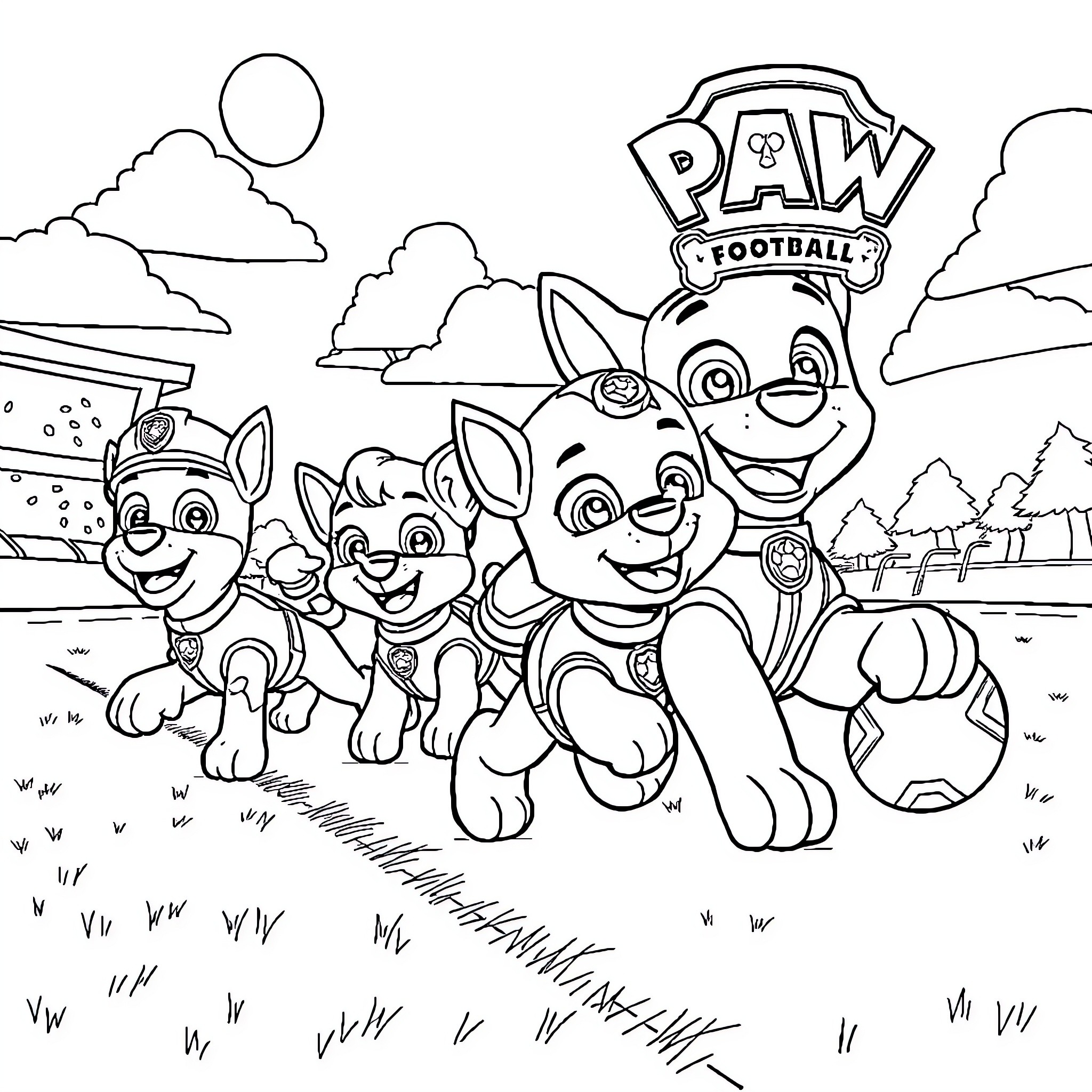 Paw Patrol pups having fun on the football field Coloring Page (free black-and-white line drawing printable PDF for all, from beginners to advanced learners, including children, teens, adults, and seniors)