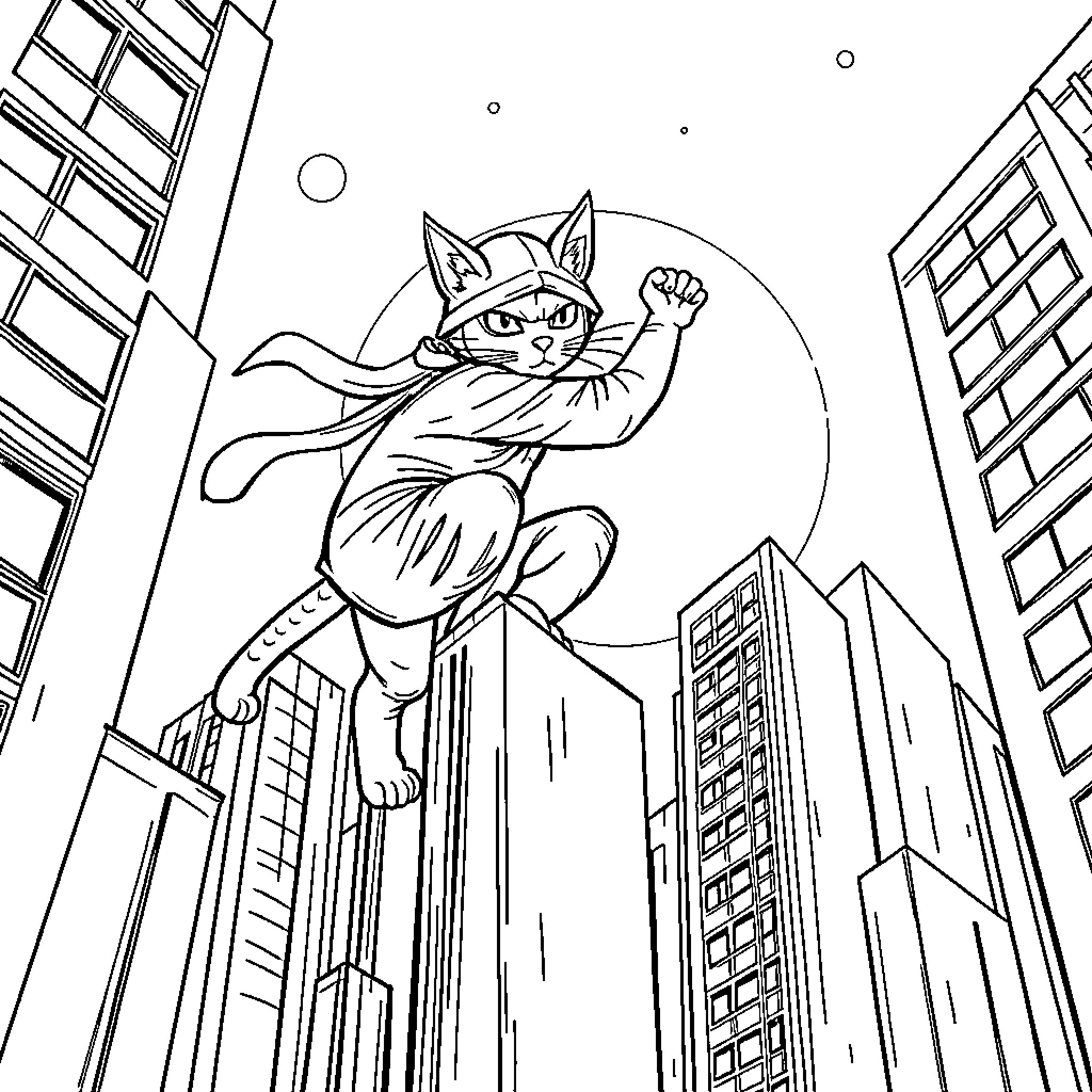 Ninja Cat scaling skyscrapers in the city Coloring Page (free black-and-white line drawing printable PDF for all, from beginners to advanced learners, including children, teens, adults, and seniors)