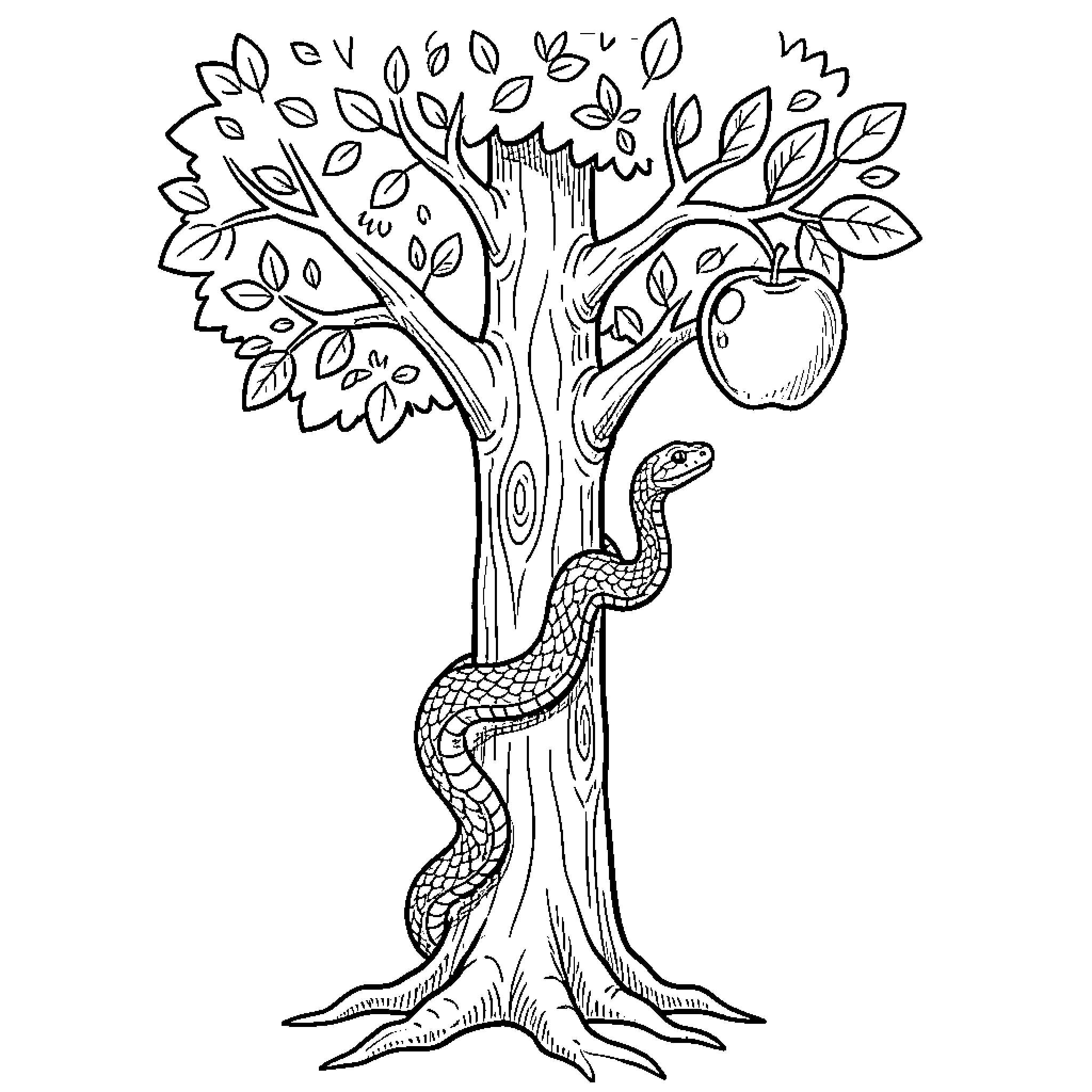 Snake slithering up an apple tree Coloring Page (free black-and-white line drawing printable PDF for all, from beginners to advanced learners, including children, teens, adults, and seniors)