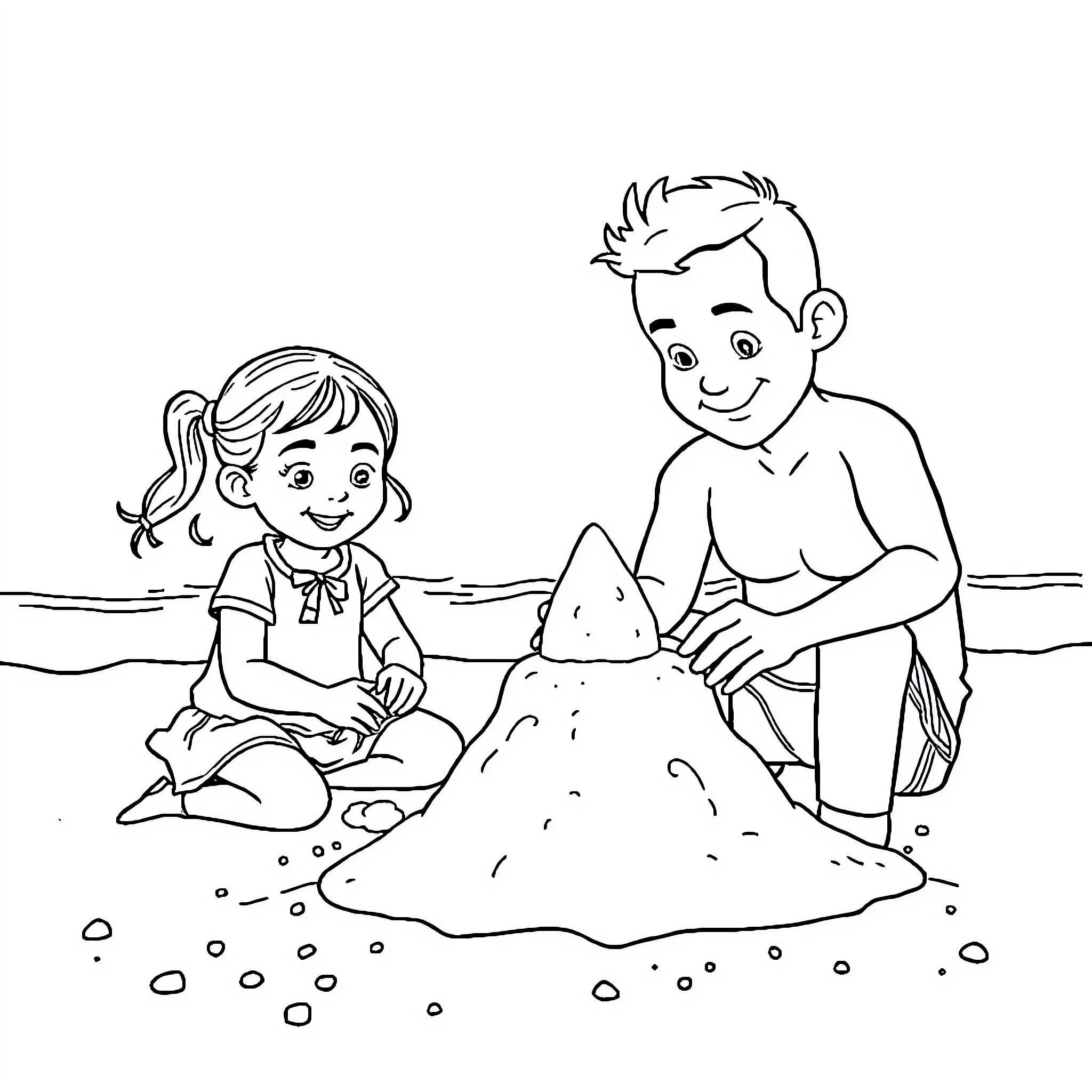 Girl and Boy Building Sandcastle on the Beach Coloring Page (free black-and-white line drawing printable PDF for all, from beginners to advanced learners, including children, teens, adults, and seniors)