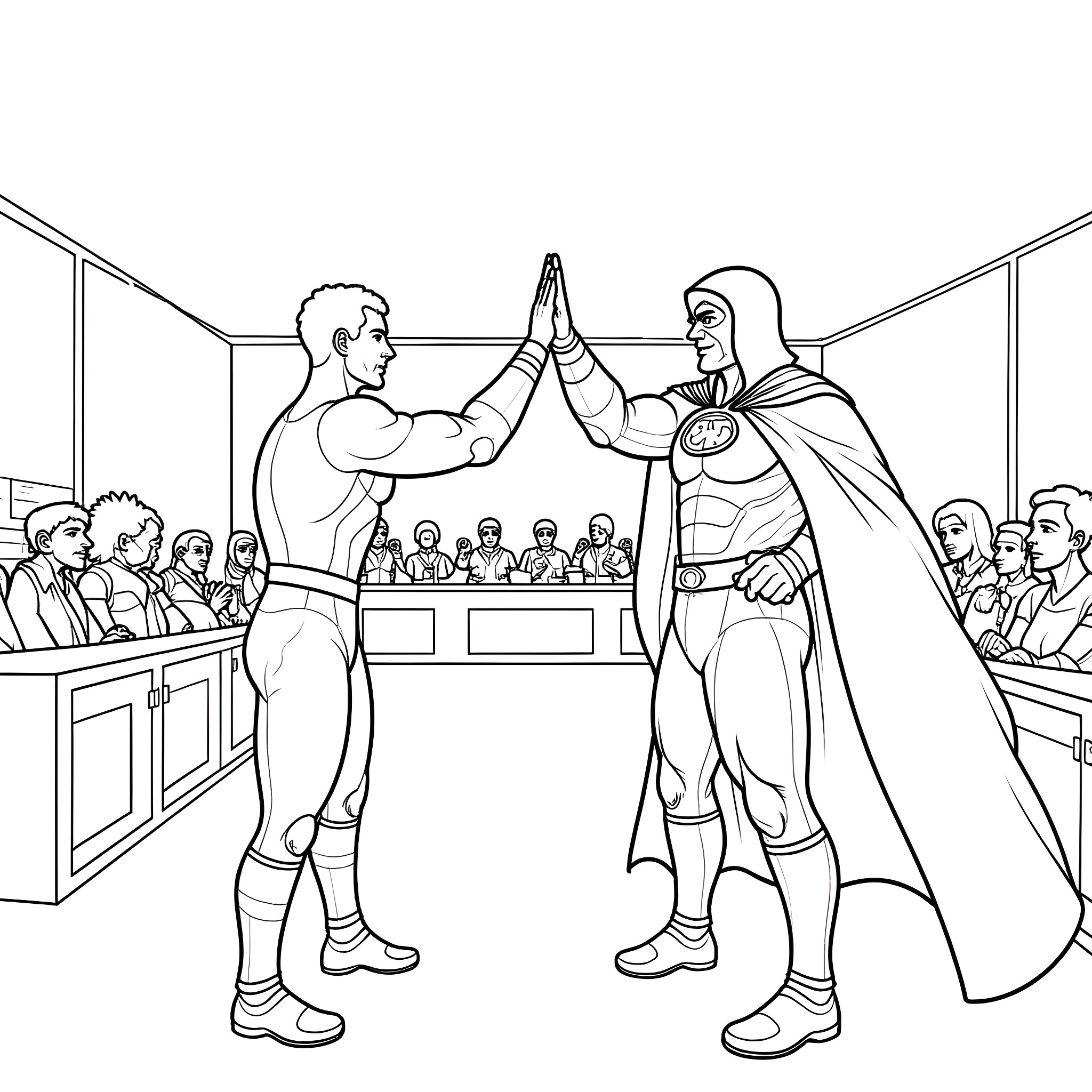 Richard Reed's Heroic Handshake in the Courtroom Coloring Page (free black-and-white line drawing printable PDF for all, from beginners to advanced learners, including children, teens, adults, and seniors)