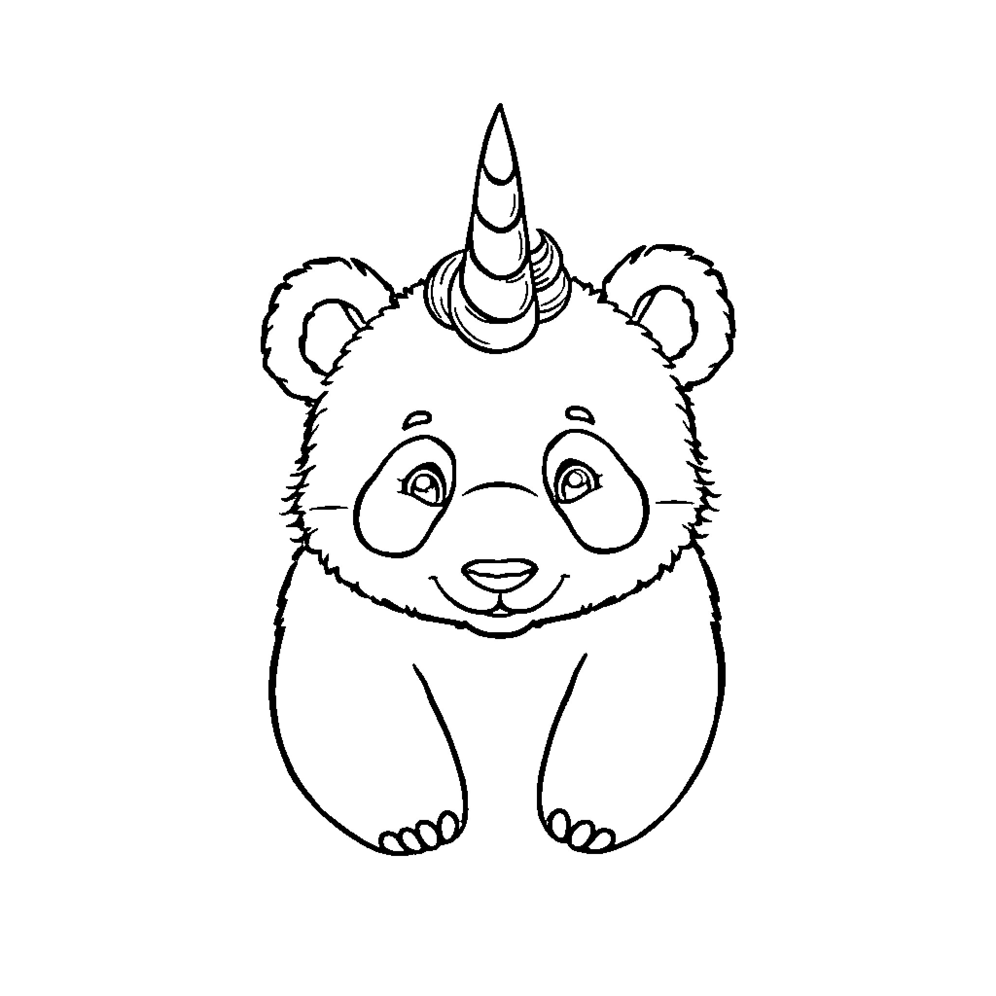 Panda wearing unicorn horn and smiling Coloring Page (free black-and-white line drawing printable PDF for all, from beginners to advanced learners, including children, teens, adults, and seniors)