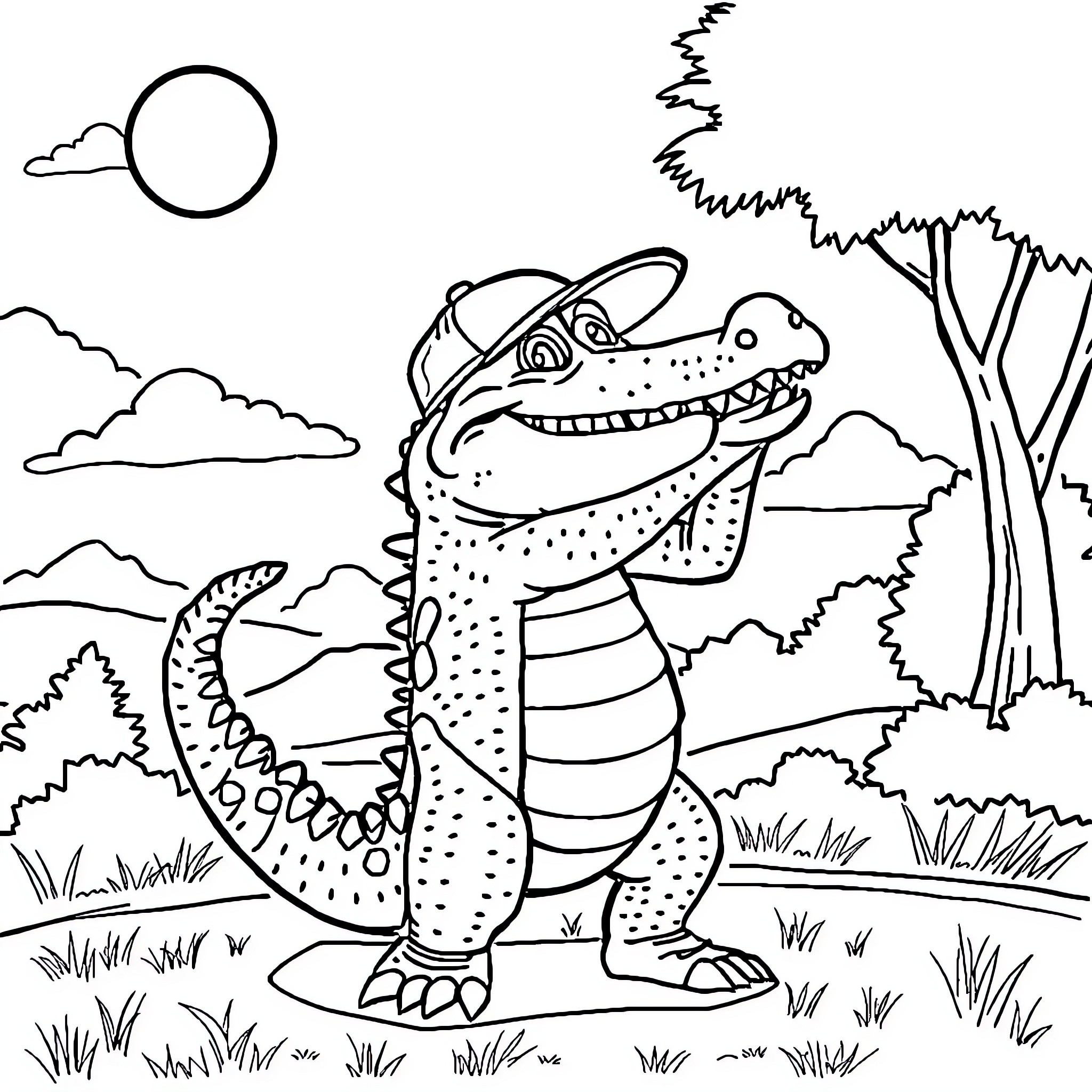 Alligator in a Playful Mood Coloring Page (free black-and-white line drawing printable PDF for all, from beginners to advanced learners, including children, teens, adults, and seniors)