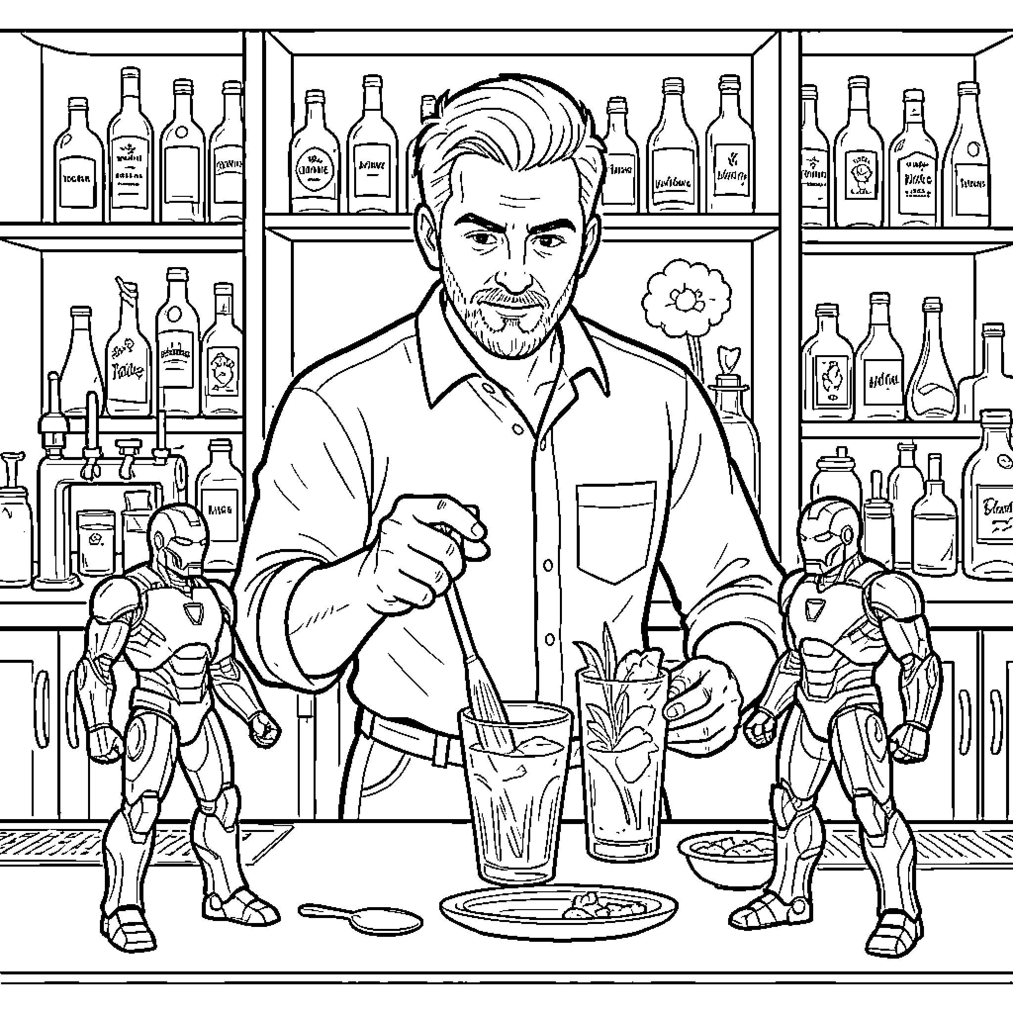 Barman preparing cocktails behind a busy bar counter Coloring Page (free black-and-white line drawing printable PDF for all, from beginners to advanced learners, including children, teens, adults, and seniors)