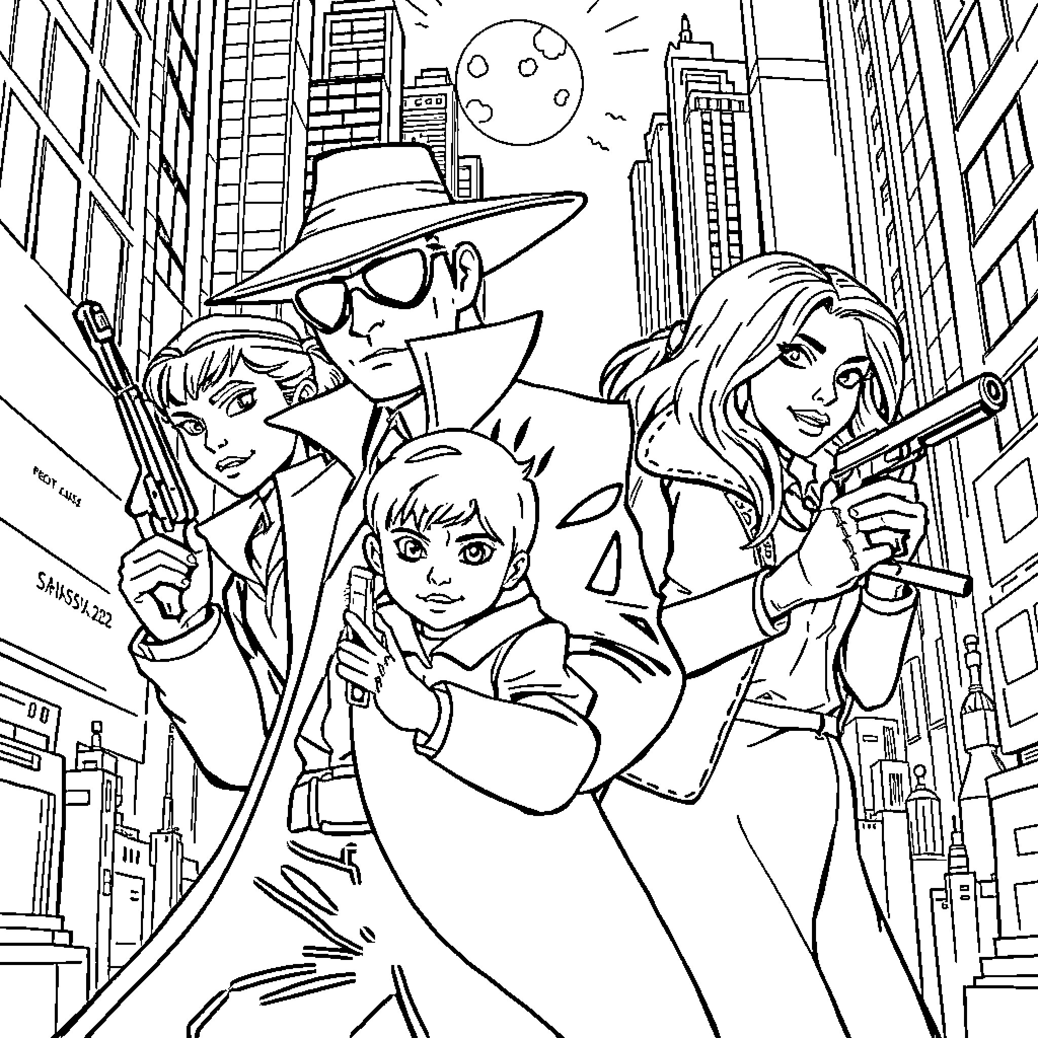 Spy team on a covert mission in the city Coloring Page (free black-and-white line drawing printable PDF for all, from beginners to advanced learners, including children, teens, adults, and seniors)
