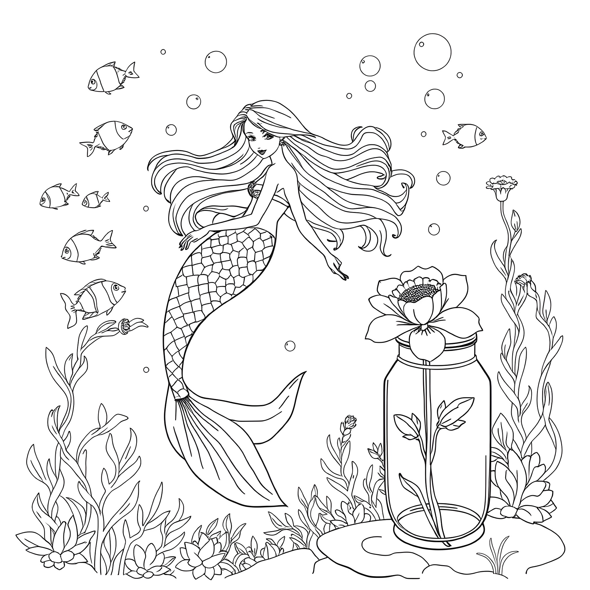 Mermaid swimming among marine life and flora Coloring Page (free black-and-white line drawing printable PDF for all, from beginners to advanced learners, including children, teens, adults, and seniors)