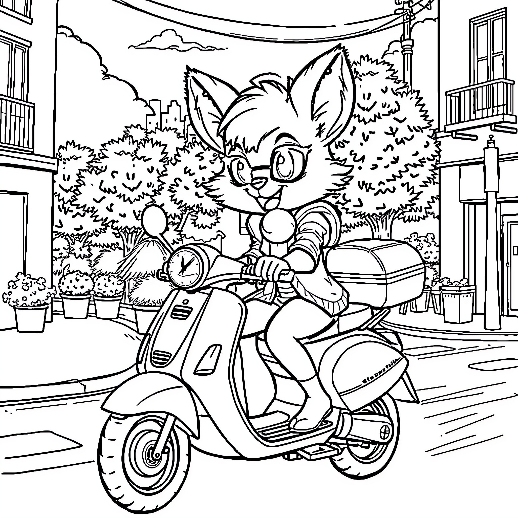 Furry animal riding a scooter through the city Coloring Page (free black-and-white line drawing printable PDF for all, from beginners to advanced learners, including children, teens, adults, and seniors)