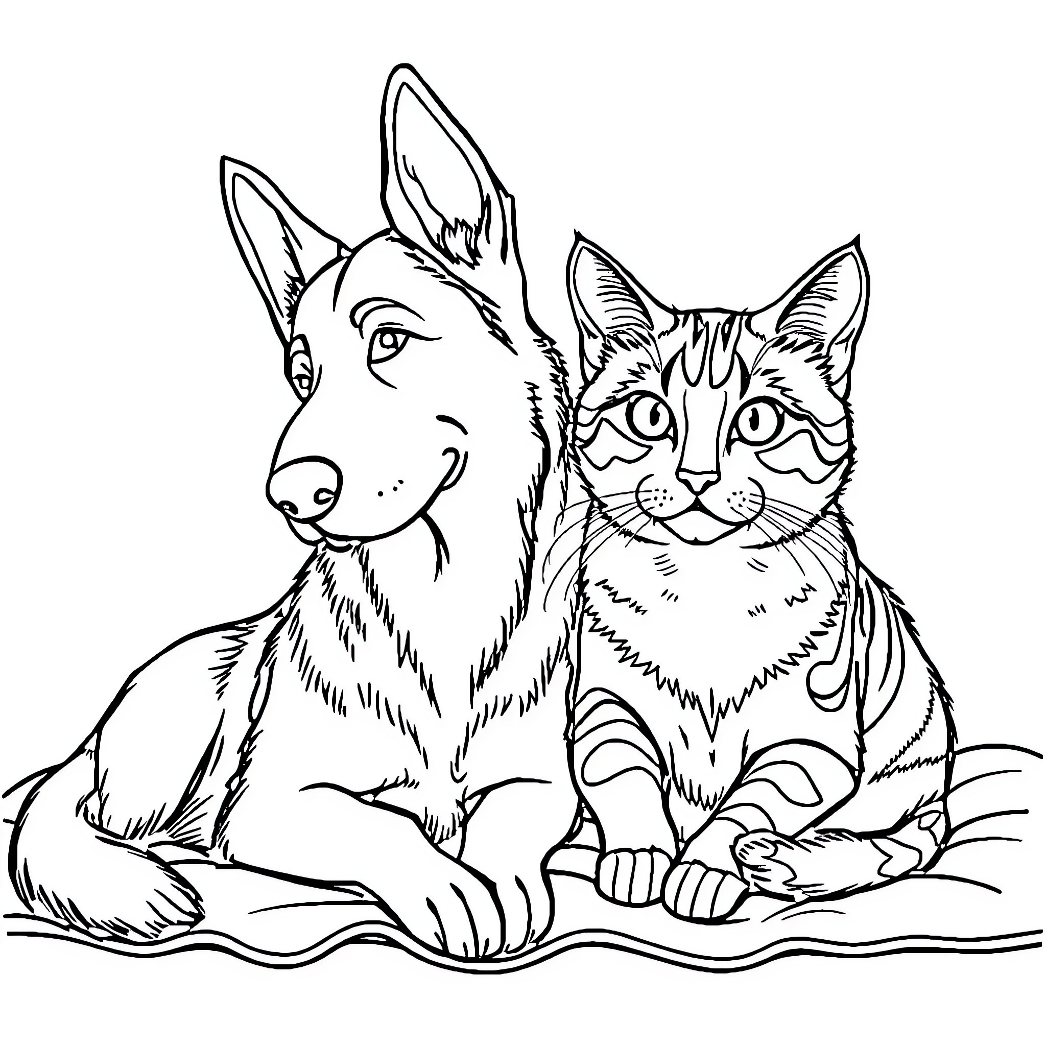 Dog and Cat Sitting Together Coloring Page (free black-and-white line drawing printable PDF for all, from beginners to advanced learners, including children, teens, adults, and seniors)