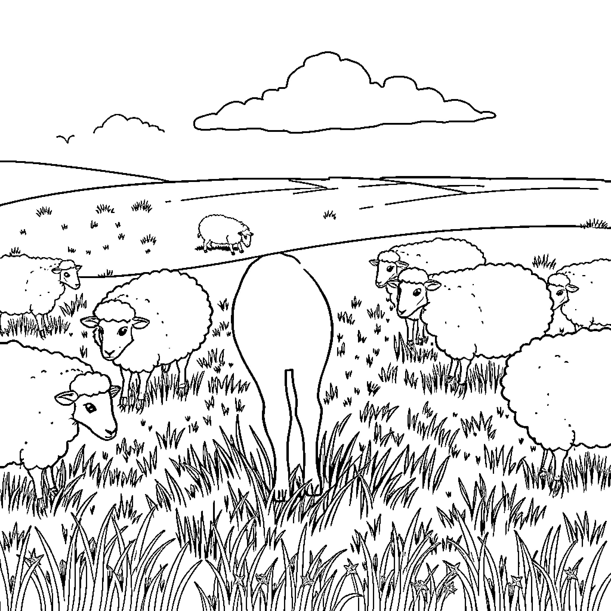 Lily's Pastoral Afternoon with Sheep Coloring Page (free black-and-white line drawing printable PDF for all, from beginners to advanced learners, including children, teens, adults, and seniors)