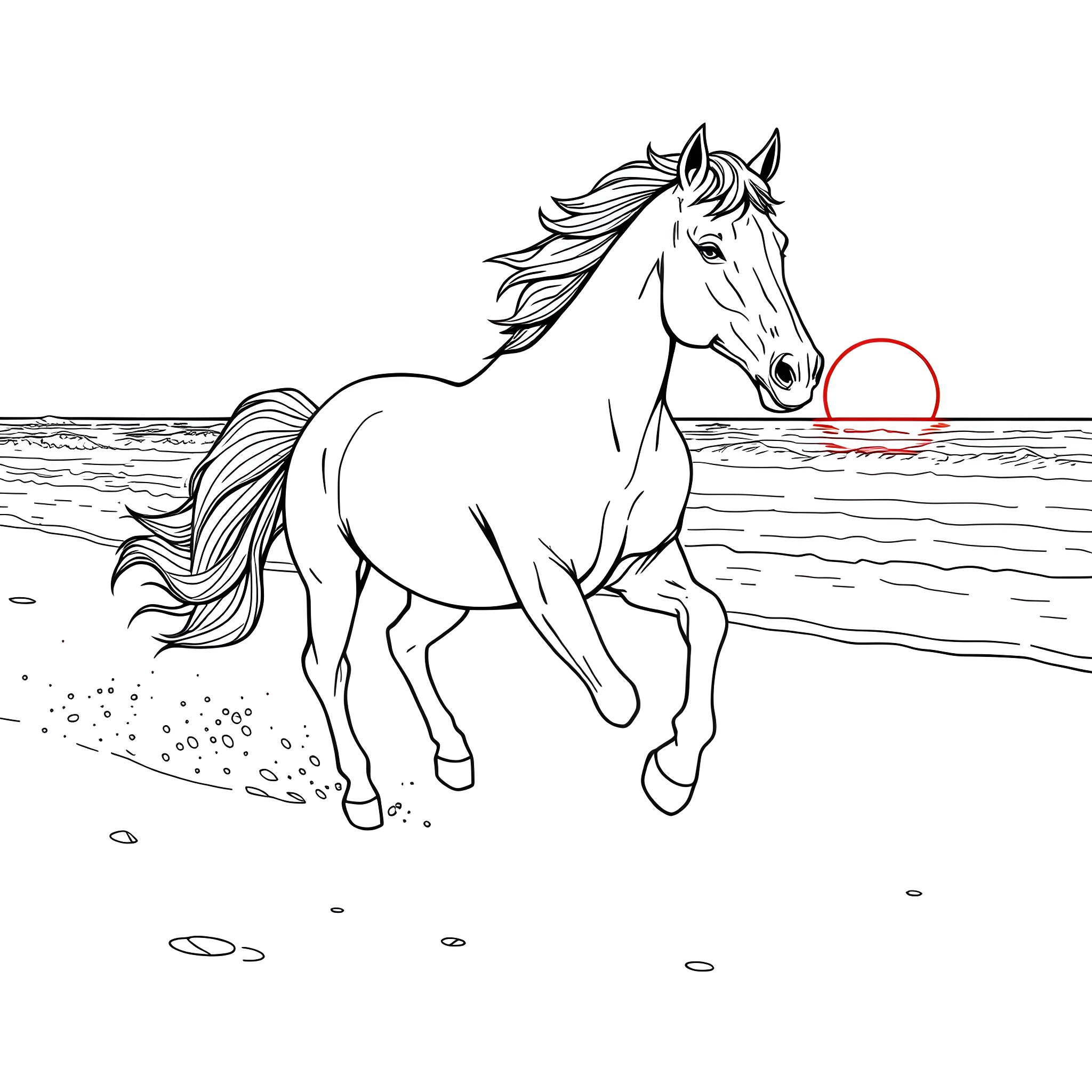 Horse running freely on the beach Coloring Page (free black-and-white line drawing printable PDF for all, from beginners to advanced learners, including children, teens, adults, and seniors)