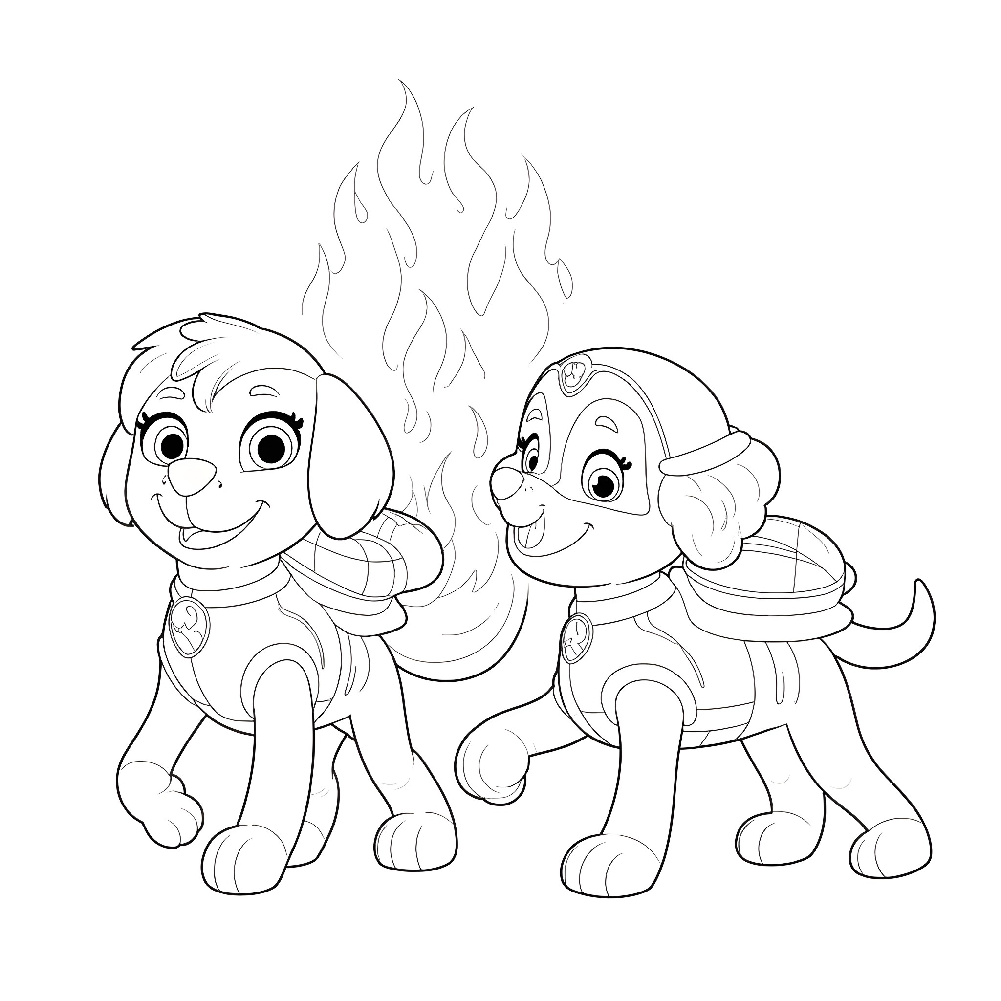 Paw Patrol pups in action with flames Coloring Page (free black-and-white line drawing printable PDF for all, from beginners to advanced learners, including children, teens, adults, and seniors)