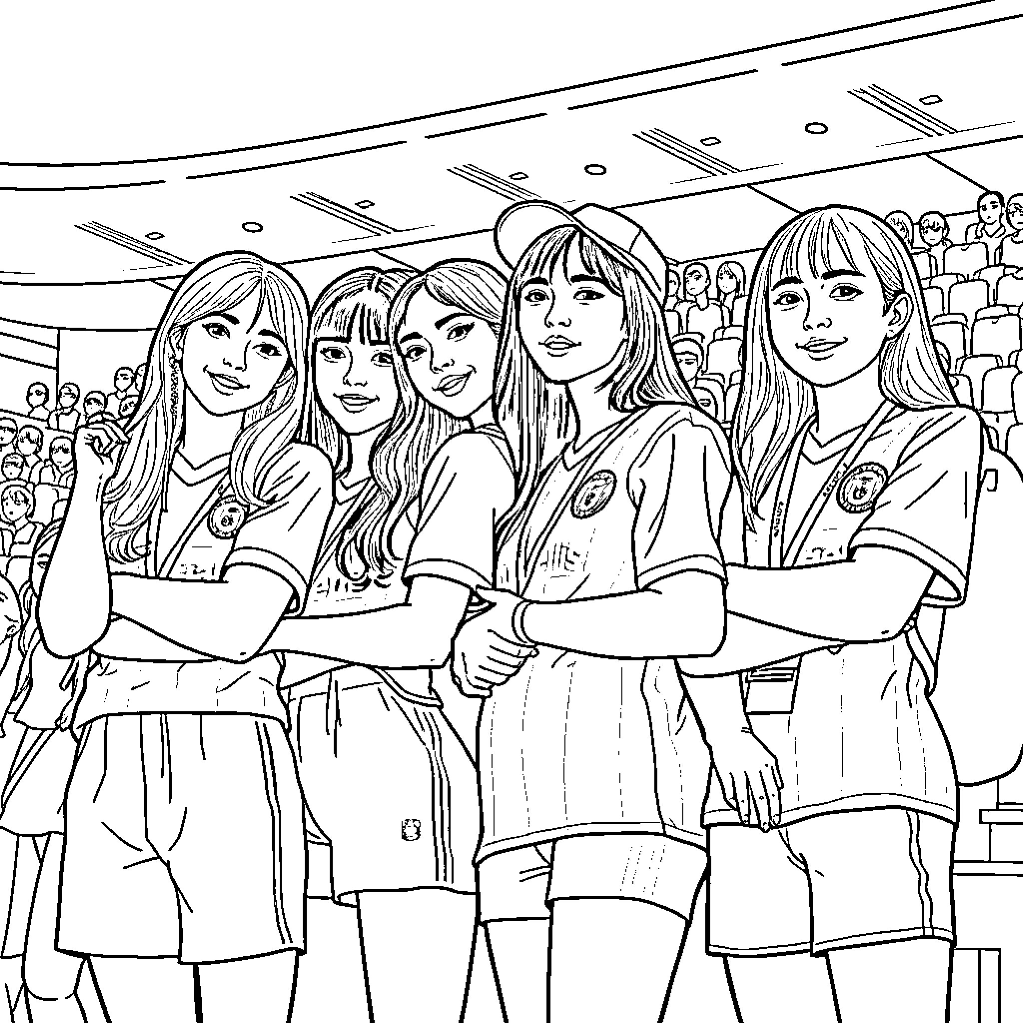 Kpop Girl Group Posing Together Onstage Coloring Page (free black-and-white line drawing printable PDF for all, from beginners to advanced learners, including children, teens, adults, and seniors)