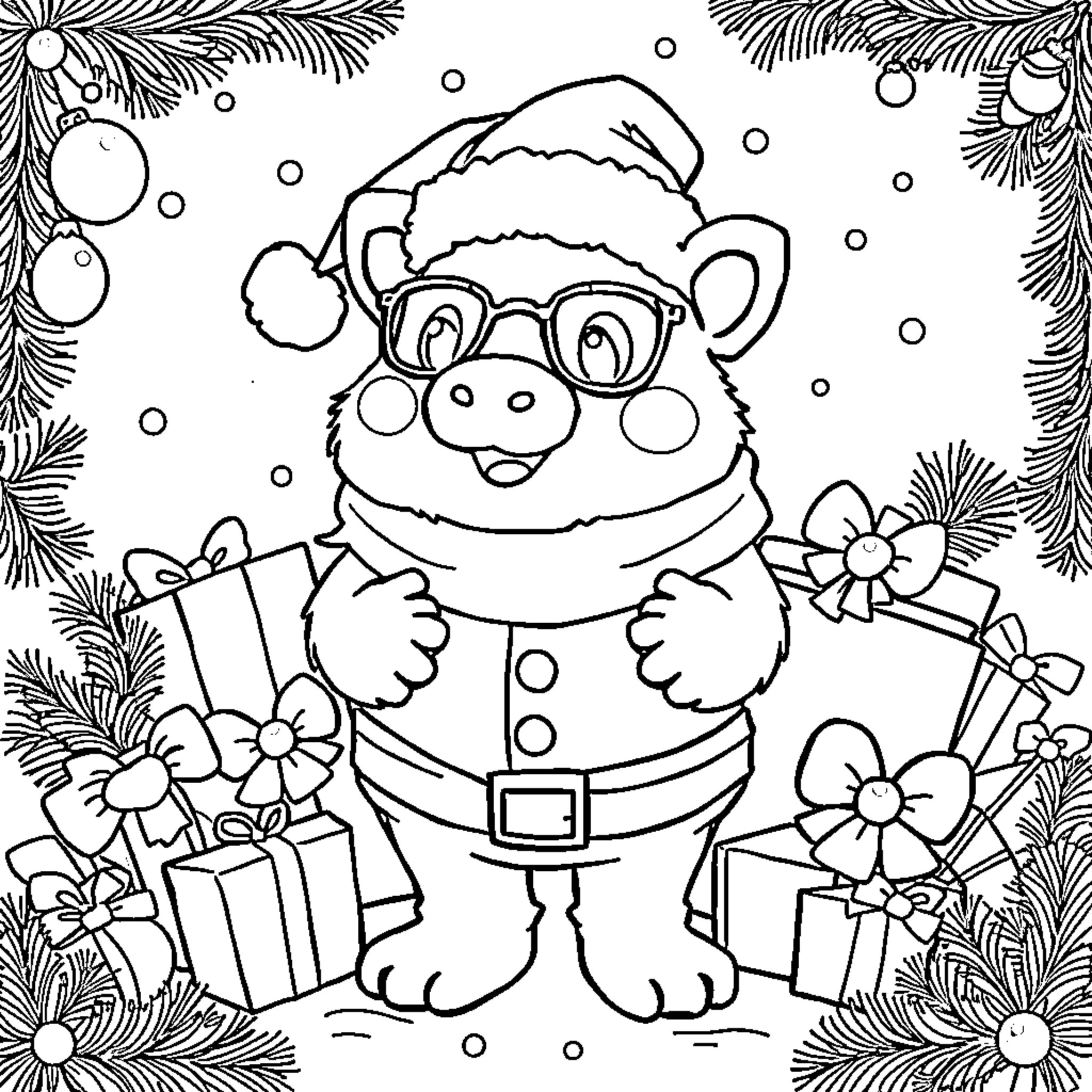 Grogu celebrating the holidays with gifts and flowers Coloring Page (free black-and-white line drawing printable PDF for all, from beginners to advanced learners, including children, teens, adults, and seniors)