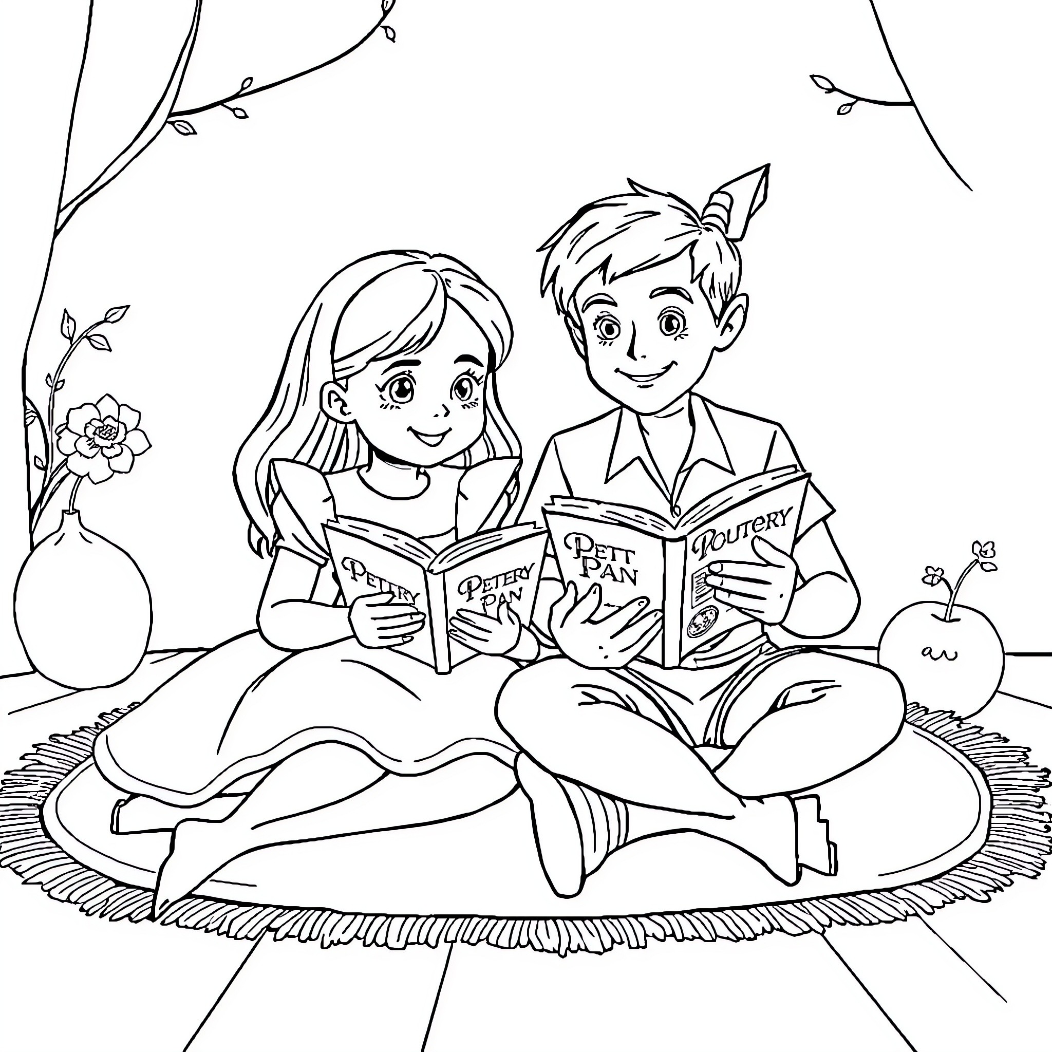 Alice and Peter Reading Children's Books Coloring Page (free black-and-white line drawing printable PDF for all, from beginners to advanced learners, including children, teens, adults, and seniors)