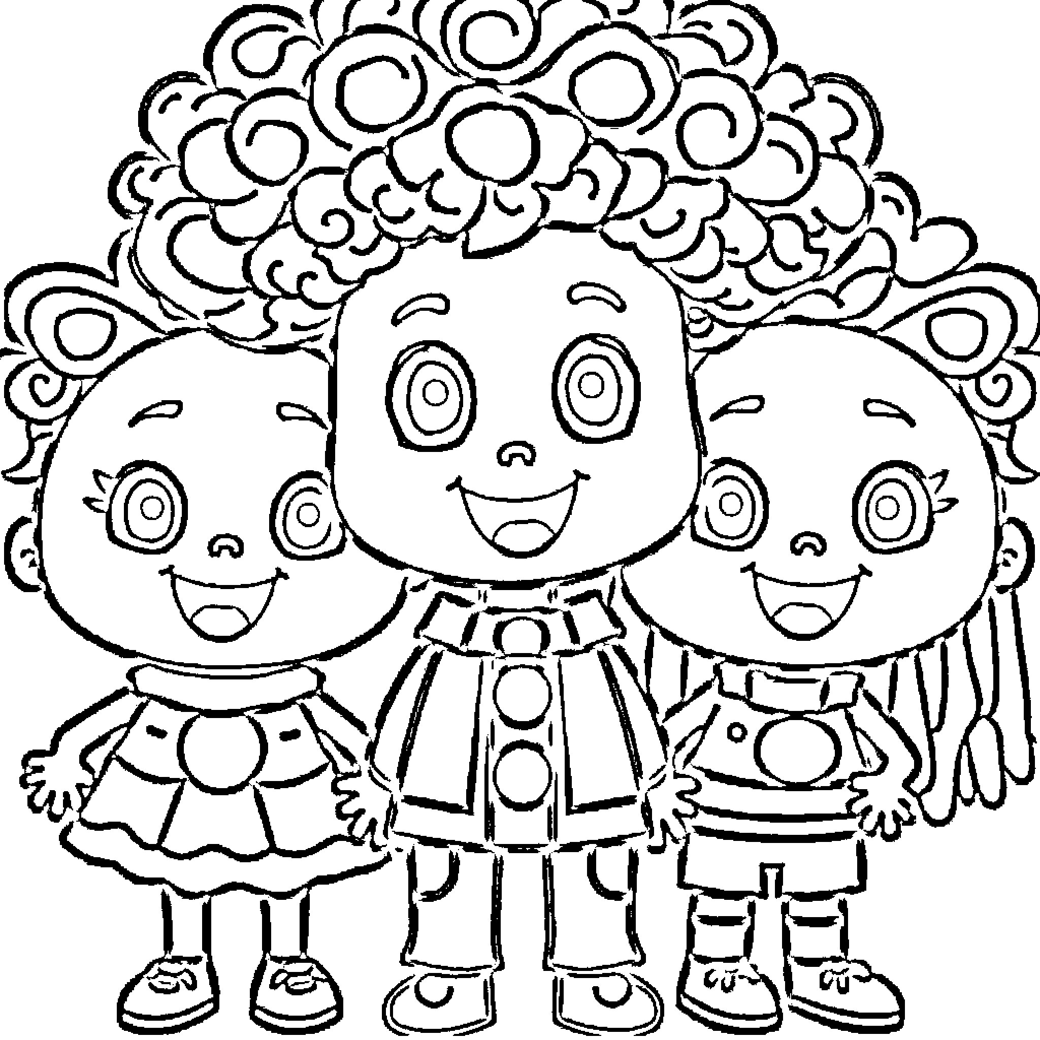 Toca Boca People in a Playful Group Photo Coloring Page (free black-and-white line drawing printable PDF for all, from beginners to advanced learners, including children, teens, adults, and seniors)