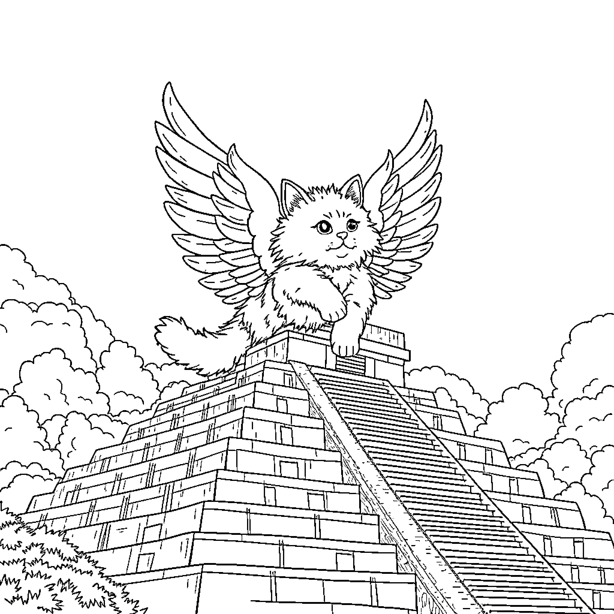 Cat with Angelic Wings Atop Ancient Ruin Coloring Page (free black-and-white line drawing printable PDF for all, from beginners to advanced learners, including children, teens, adults, and seniors)