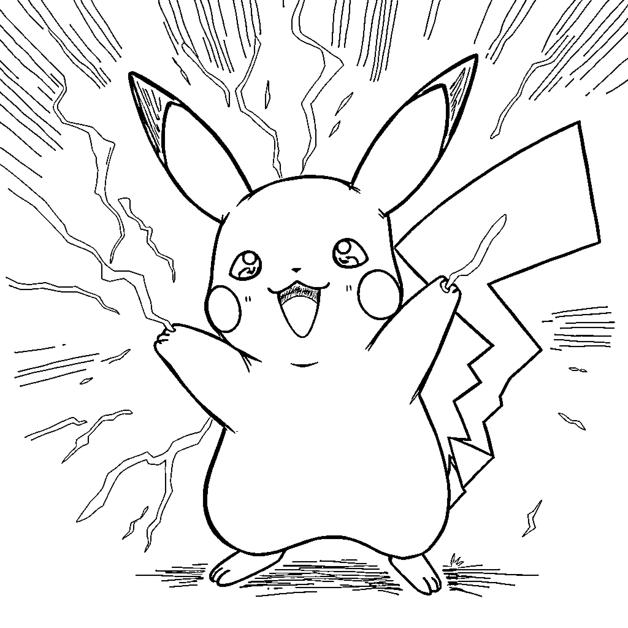 Pikachu using thunderbolt attack Coloring Page (free black-and-white line drawing printable PDF for all, from beginners to advanced learners, including children, teens, adults, and seniors)