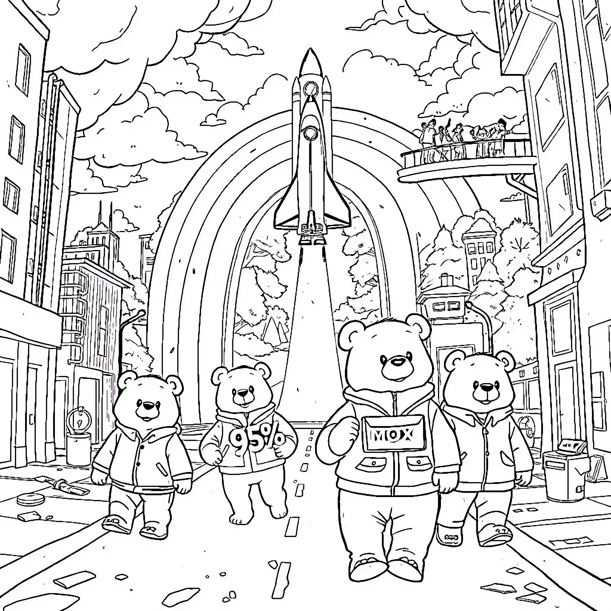 Bear Astronauts Explore Futuristic City Coloring Page (free black-and-white line drawing printable PDF for all, from beginners to advanced learners, including children, teens, adults, and seniors)