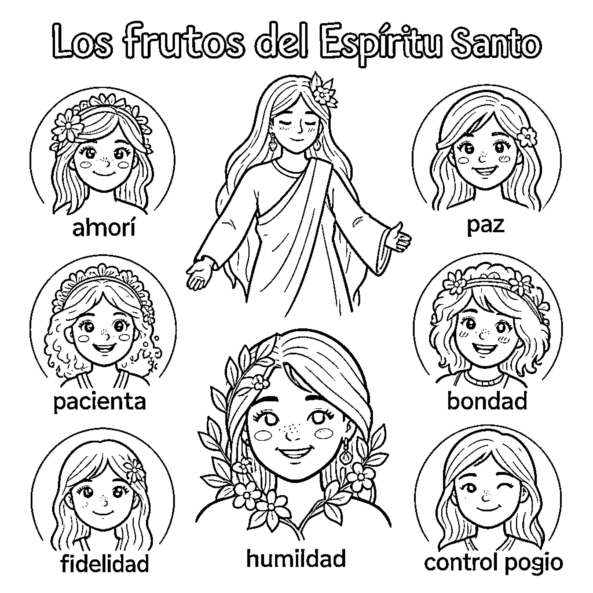 Fruit of the Holy Spirit: Personified through Illustrations Coloring Page (free black-and-white line drawing printable PDF for all, from beginners to advanced learners, including children, teens, adults, and seniors)