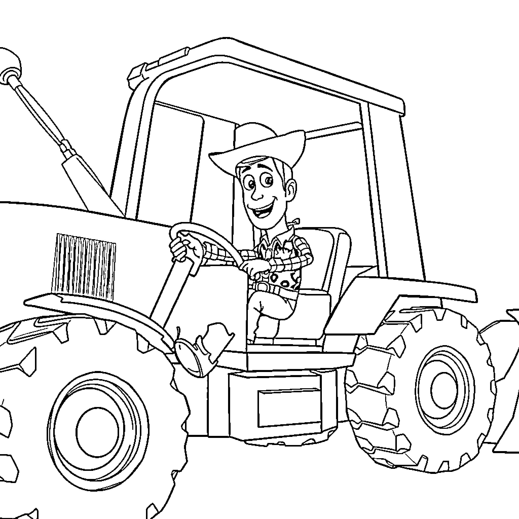 Woody driving a tractor in an agricultural scene Coloring Page (free black-and-white line drawing printable PDF for all, from beginners to advanced learners, including children, teens, adults, and seniors)
