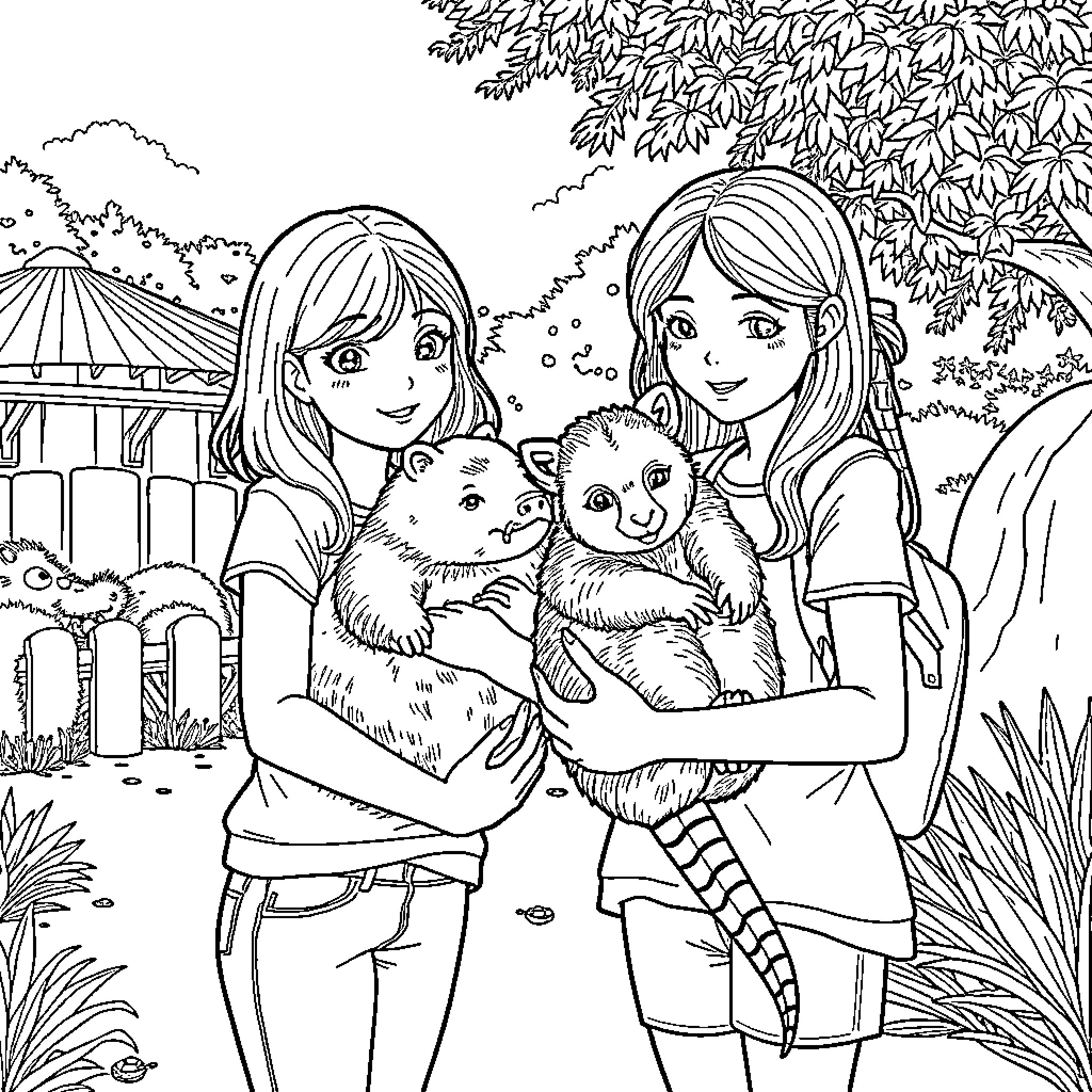 Girl holding adorable ferrets in outdoor nature scene Coloring Page (free black-and-white line drawing printable PDF for all, from beginners to advanced learners, including children, teens, adults, and seniors)