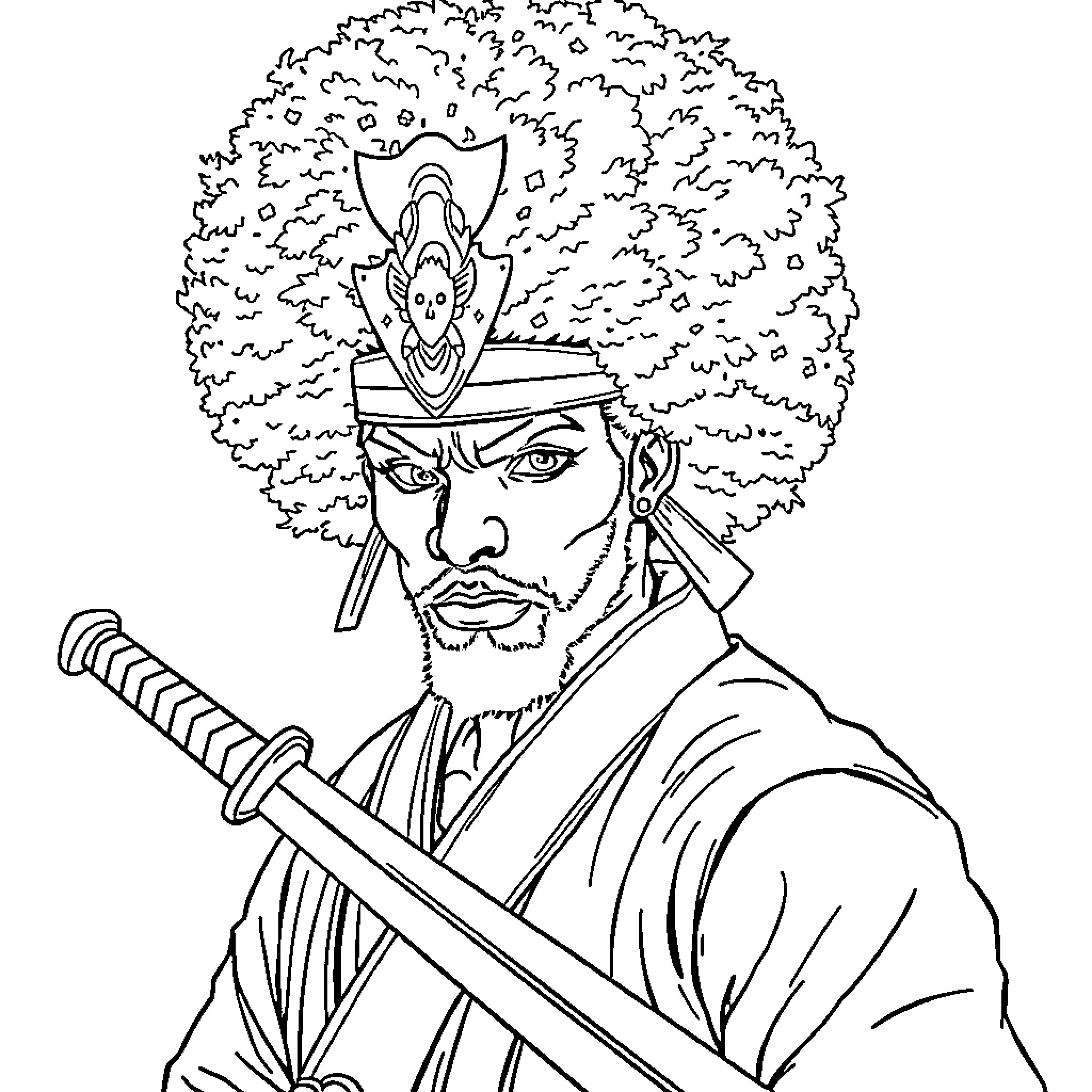 Samurai Warrior with Sword and Fierce Expression Coloring Page (free black-and-white line drawing printable PDF for all, from beginners to advanced learners, including children, teens, adults, and seniors)