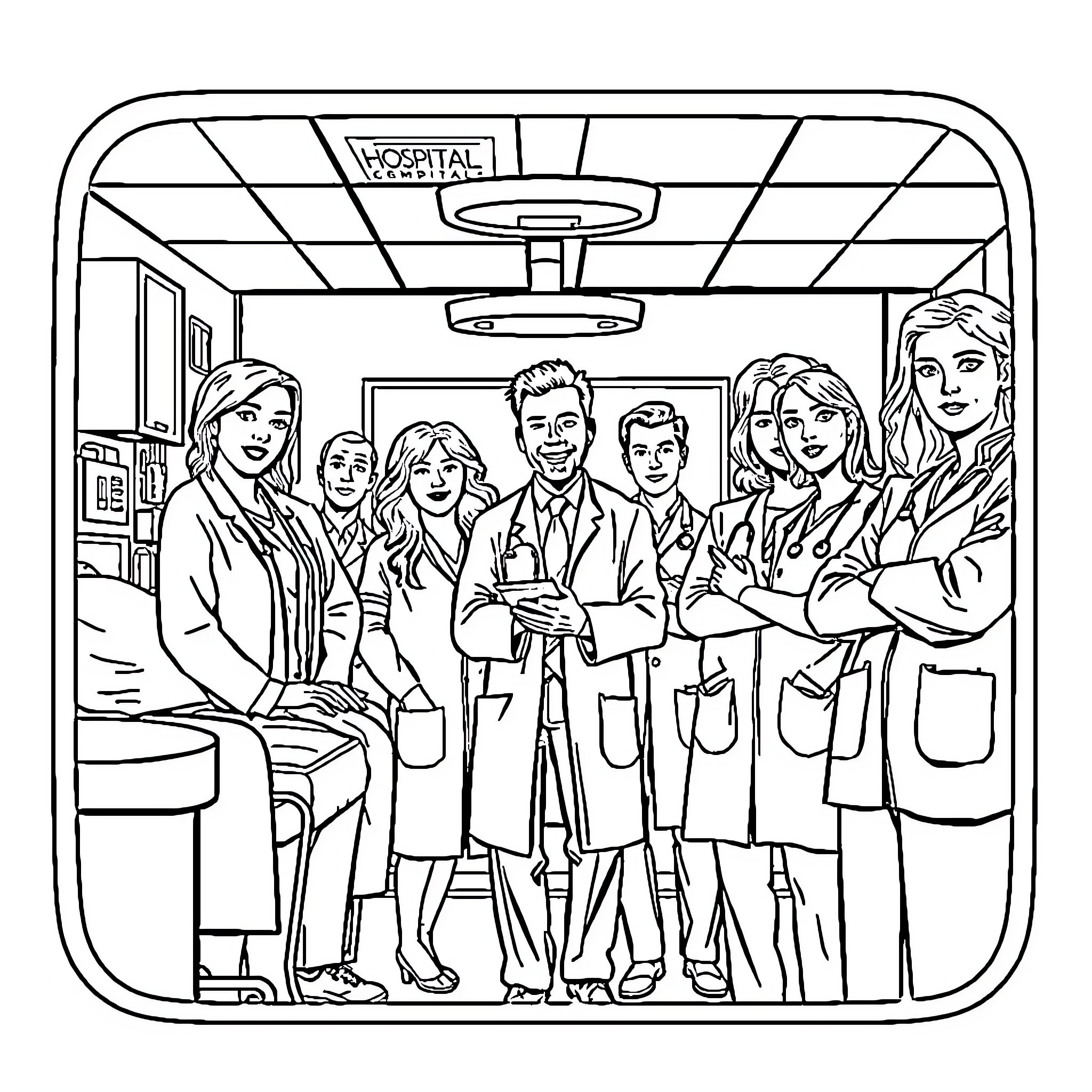 Grey's Anatomy Ensemble Cast in Hospital Scrubs Coloring Page (free black-and-white line drawing printable PDF for all, from beginners to advanced learners, including children, teens, adults, and seniors)