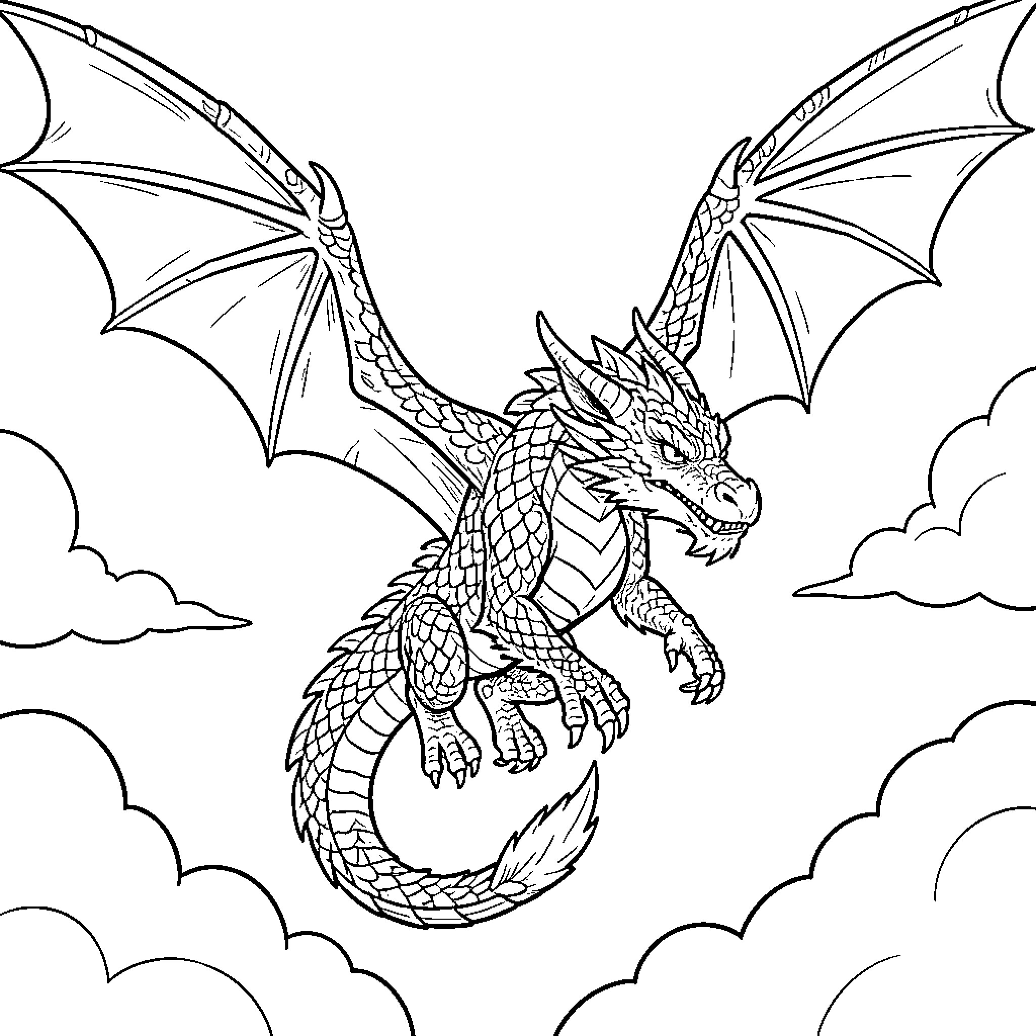 Dragon soaring through the clouds Coloring Page (free black-and-white line drawing printable PDF for all, from beginners to advanced learners, including children, teens, adults, and seniors)