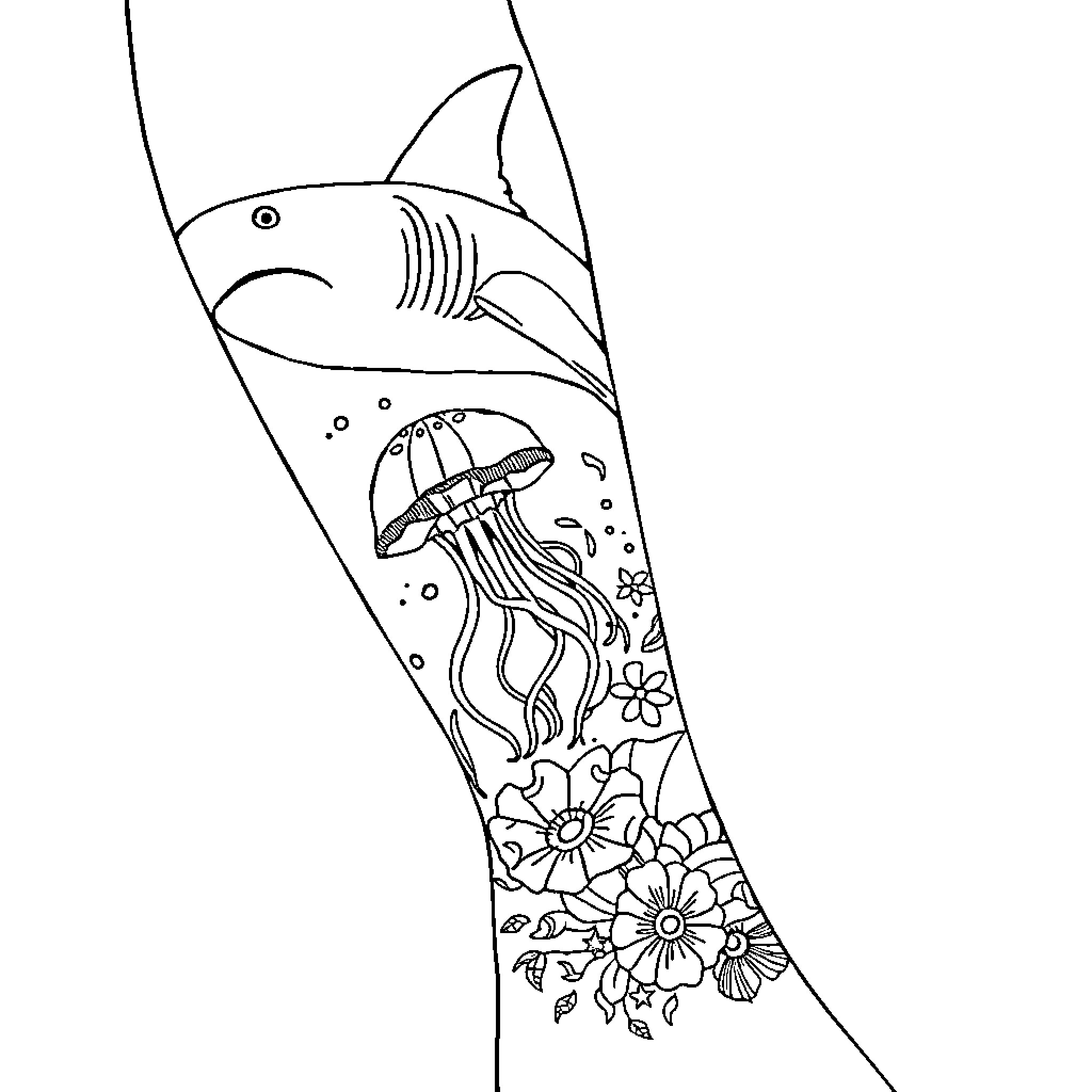 Leg with shark and jellyfish decorations Coloring Page (free black-and-white line drawing printable PDF for all, from beginners to advanced learners, including children, teens, adults, and seniors)