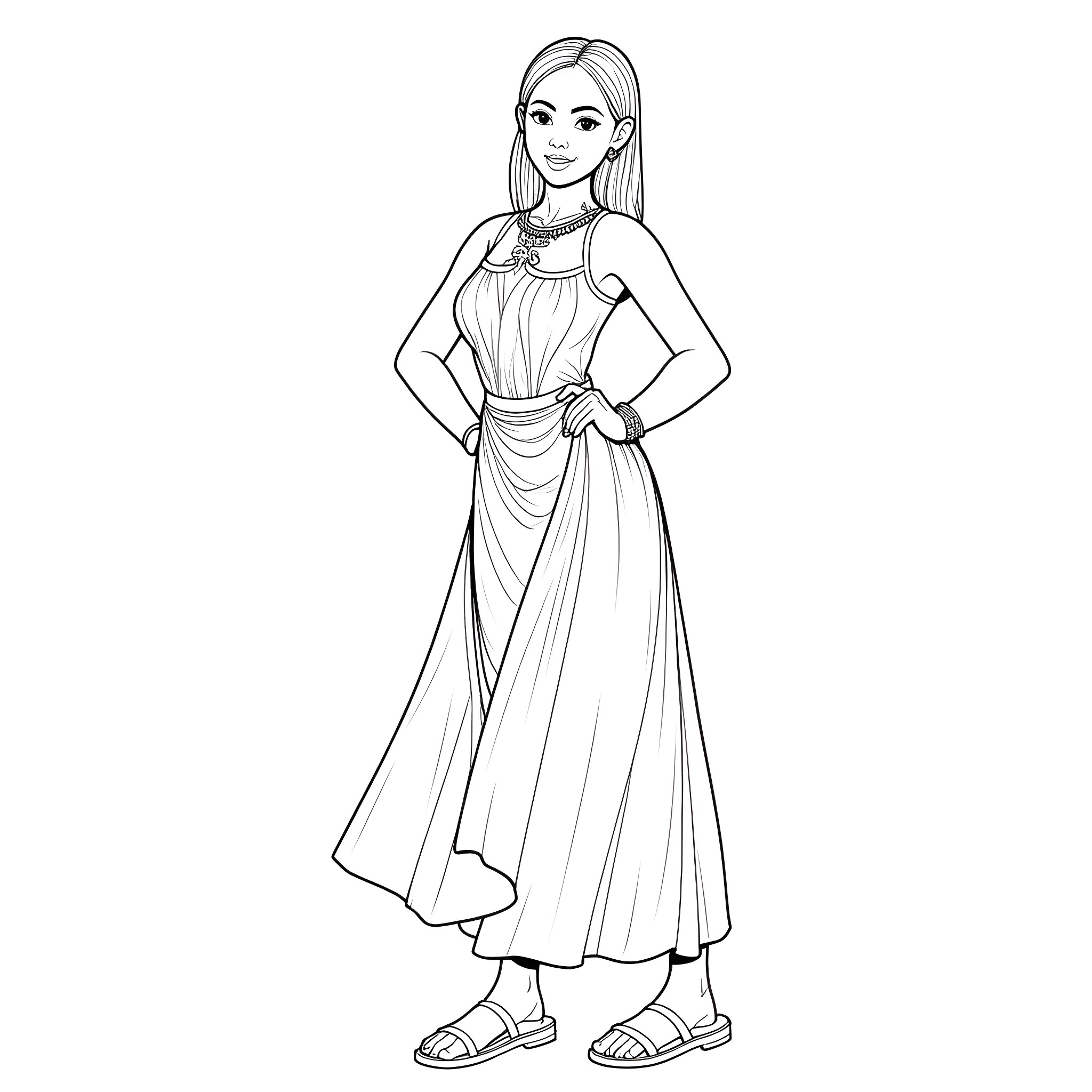 Woman in elegant long dress Coloring Page (free black-and-white line drawing printable PDF for all, from beginners to advanced learners, including children, teens, adults, and seniors)