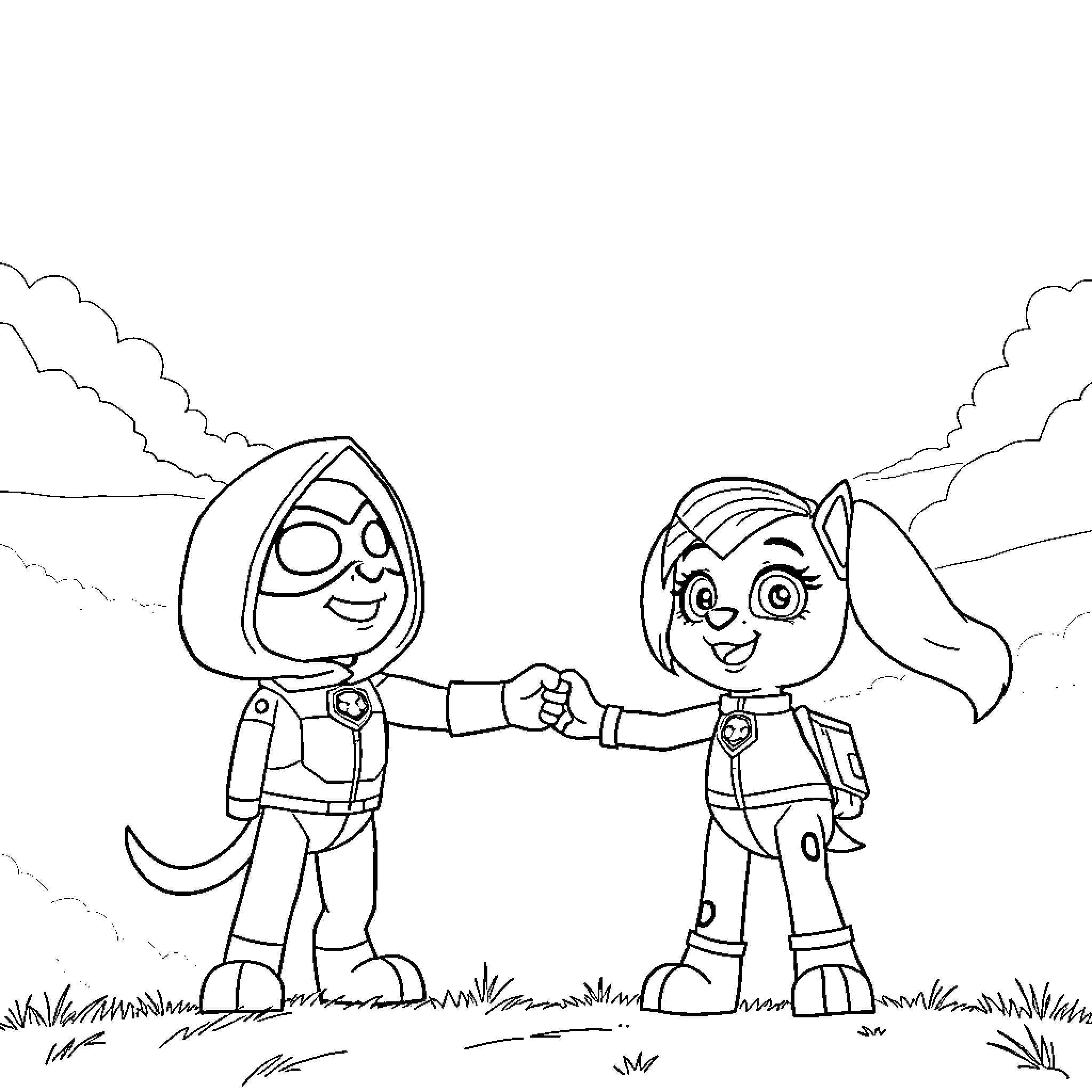 Sky Friends Exploring Together Coloring Page (free black-and-white line drawing printable PDF for all, from beginners to advanced learners, including children, teens, adults, and seniors)