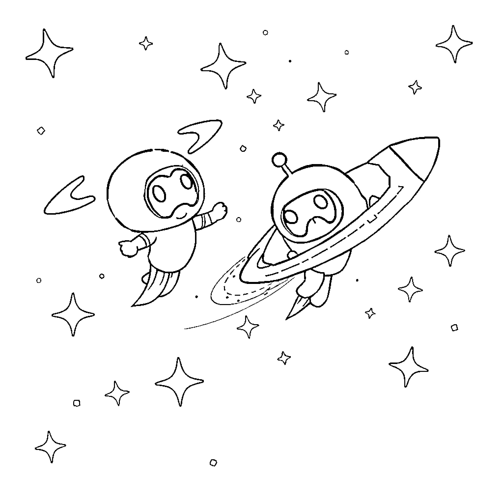 Sprunkies exploring the cosmic galaxy Coloring Page (free black-and-white line drawing printable PDF for all, from beginners to advanced learners, including children, teens, adults, and seniors)