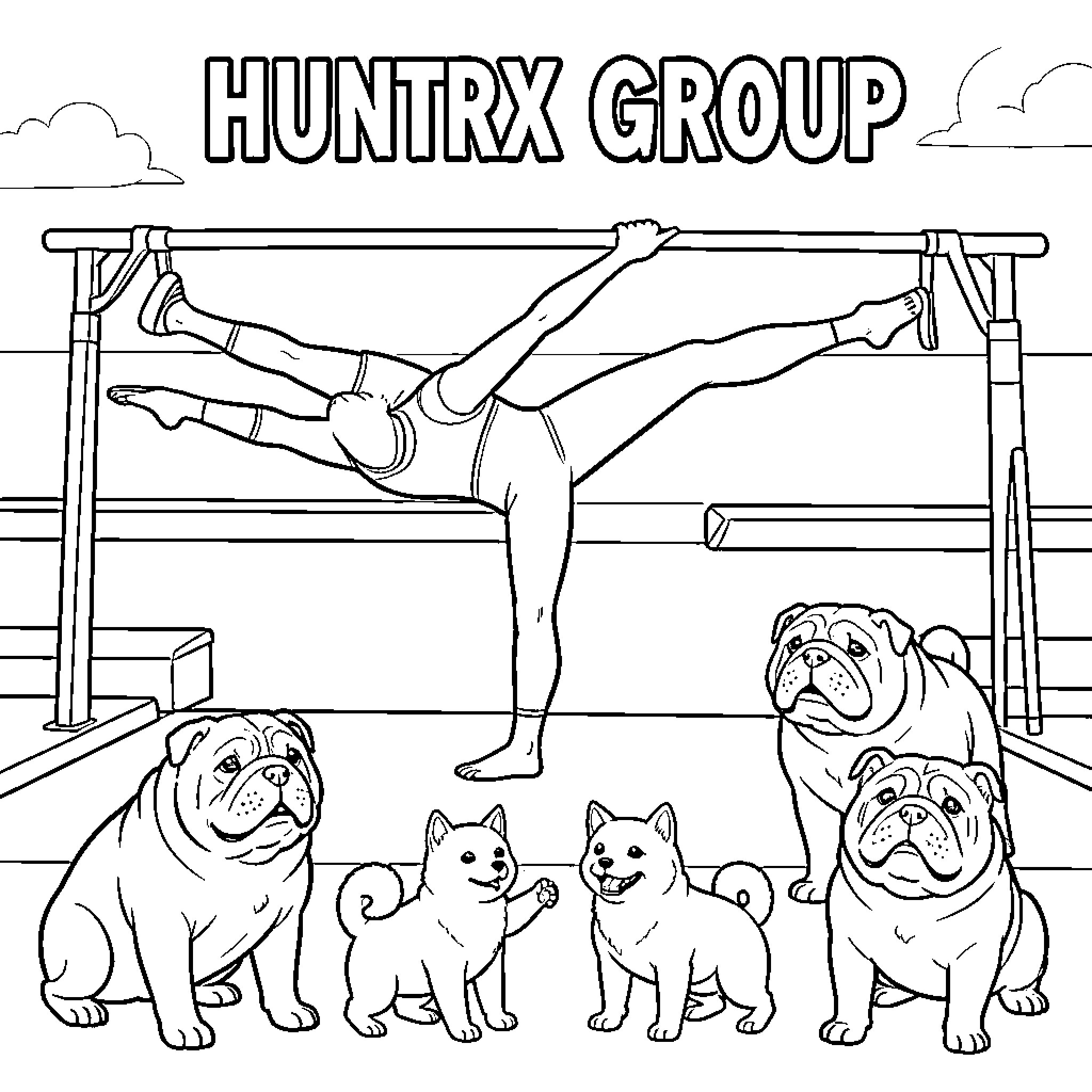 Shiba dogs watching a gymnast perform on bars Coloring Page (free black-and-white line drawing printable PDF for all, from beginners to advanced learners, including children, teens, adults, and seniors)
