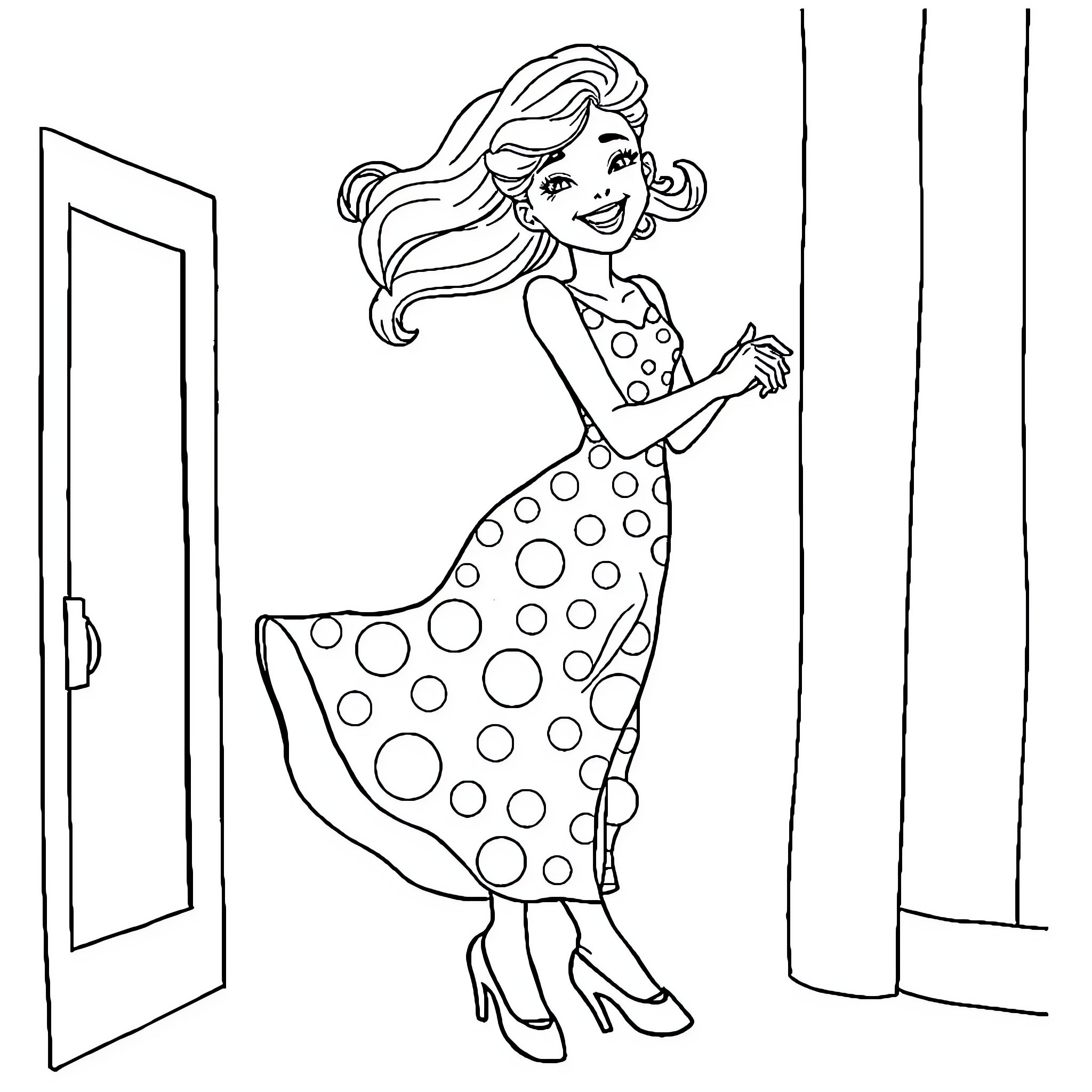 Pinup Girl in Polka Dot Dress Strikes a Pose Coloring Page (free black-and-white line drawing printable PDF for all, from beginners to advanced learners, including children, teens, adults, and seniors)