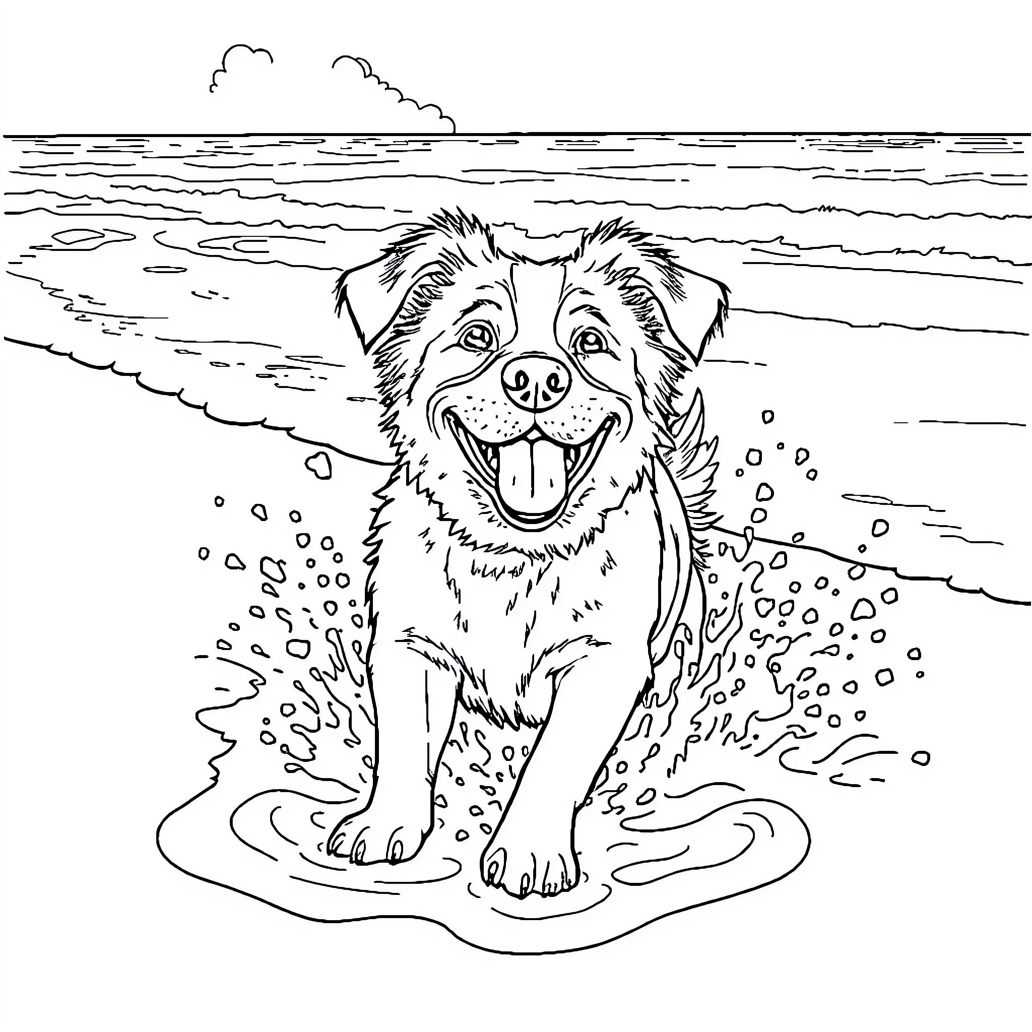 Dog playing joyfully in the waves Coloring Page (free black-and-white line drawing printable PDF for all, from beginners to advanced learners, including children, teens, adults, and seniors)