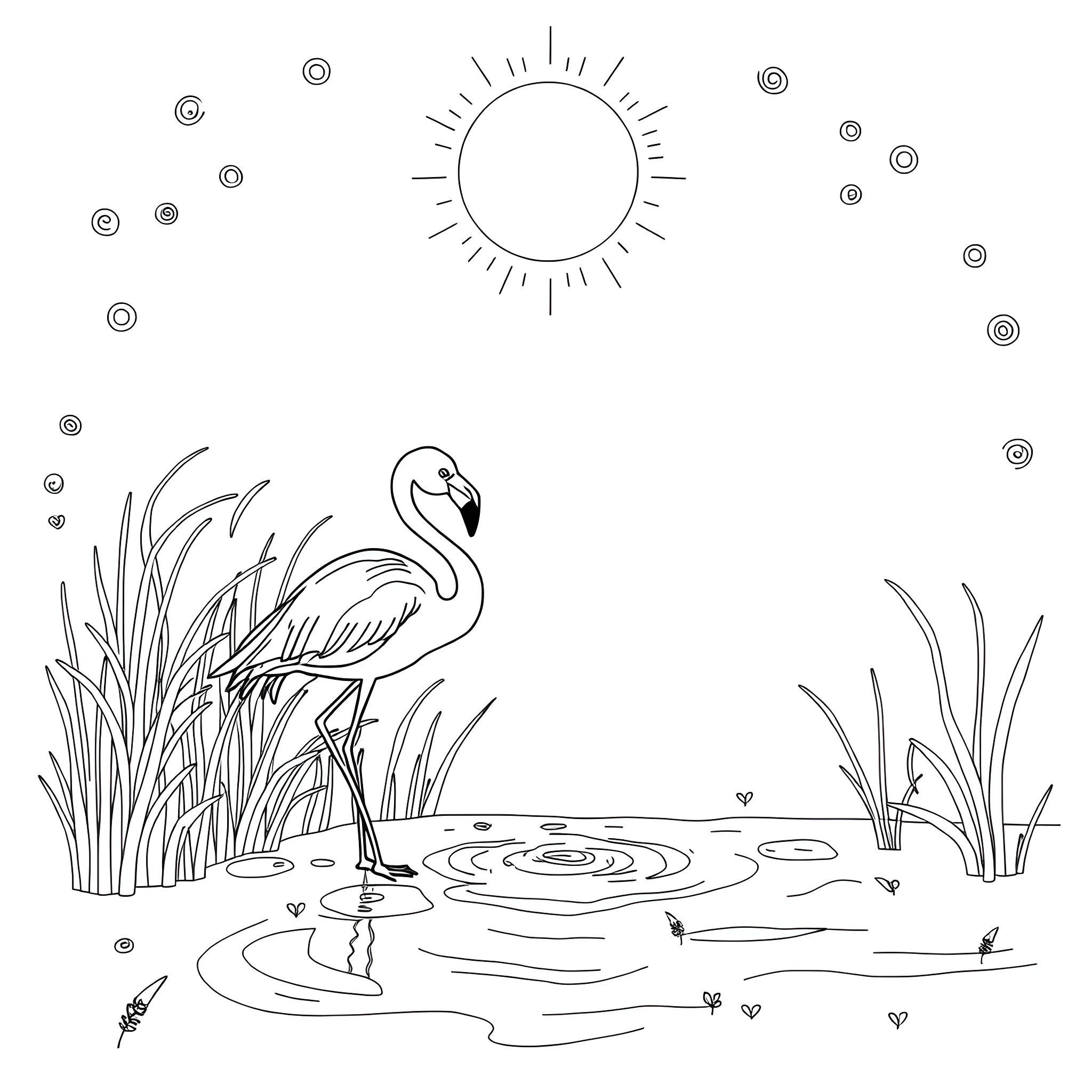 Flamingo wading in the peaceful pond Coloring Page (free black-and-white line drawing printable PDF for all, from beginners to advanced learners, including children, teens, adults, and seniors)