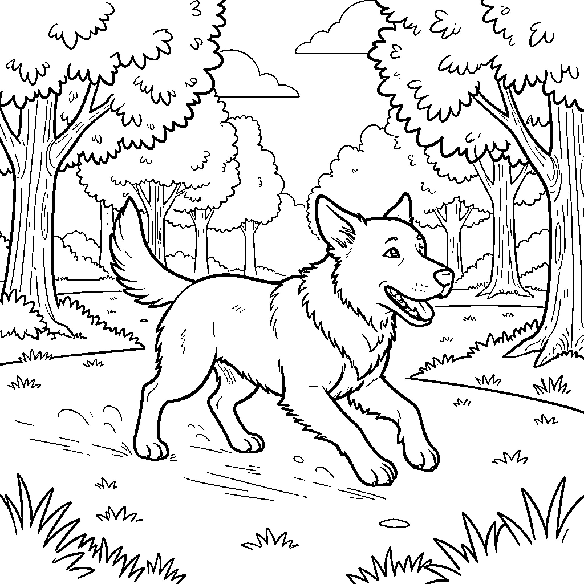 Dog running joyfully through a lush forest Coloring Page (free black-and-white line drawing printable PDF for all, from beginners to advanced learners, including children, teens, adults, and seniors)