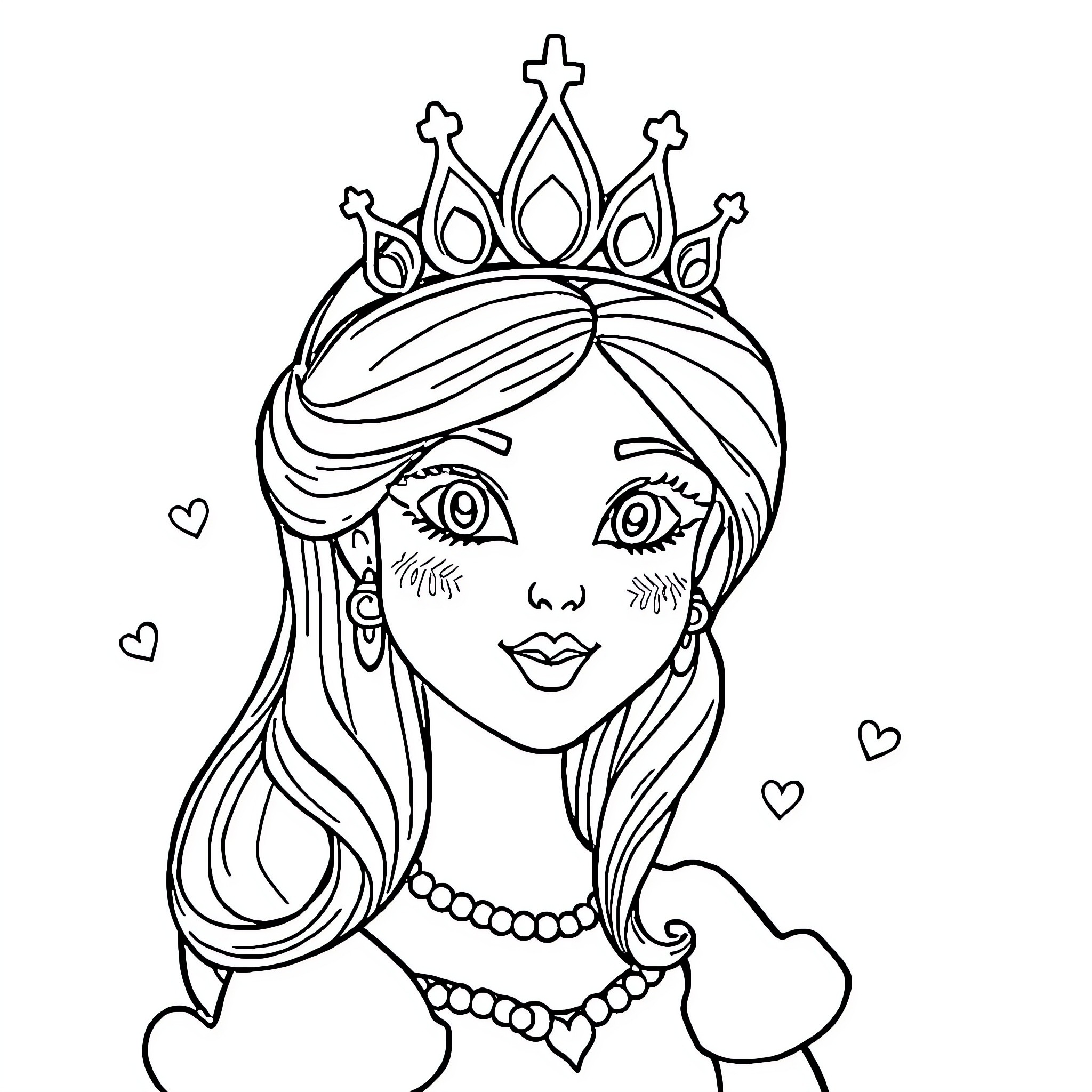 Princess Wearing Crown and Adorned with Hearts Coloring Page (free black-and-white line drawing printable PDF for all, from beginners to advanced learners, including children, teens, adults, and seniors)