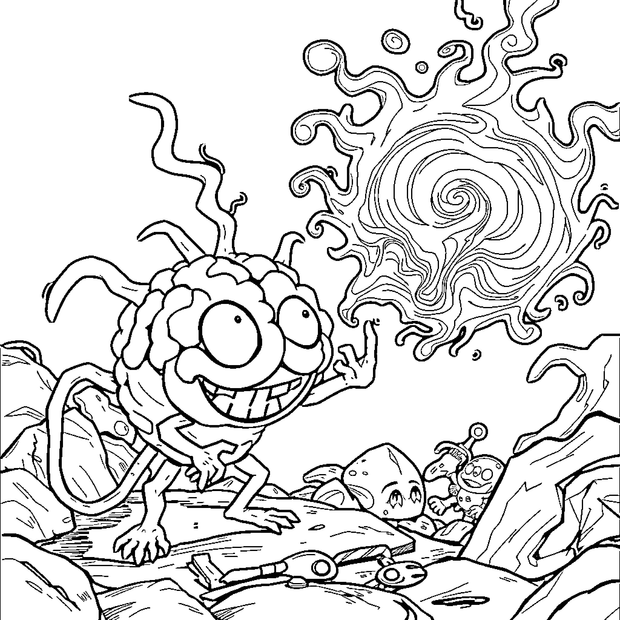 Brainrot: Mischievous Creatures in Chaotic Landscape Coloring Page (free black-and-white line drawing printable PDF for all, from beginners to advanced learners, including children, teens, adults, and seniors)