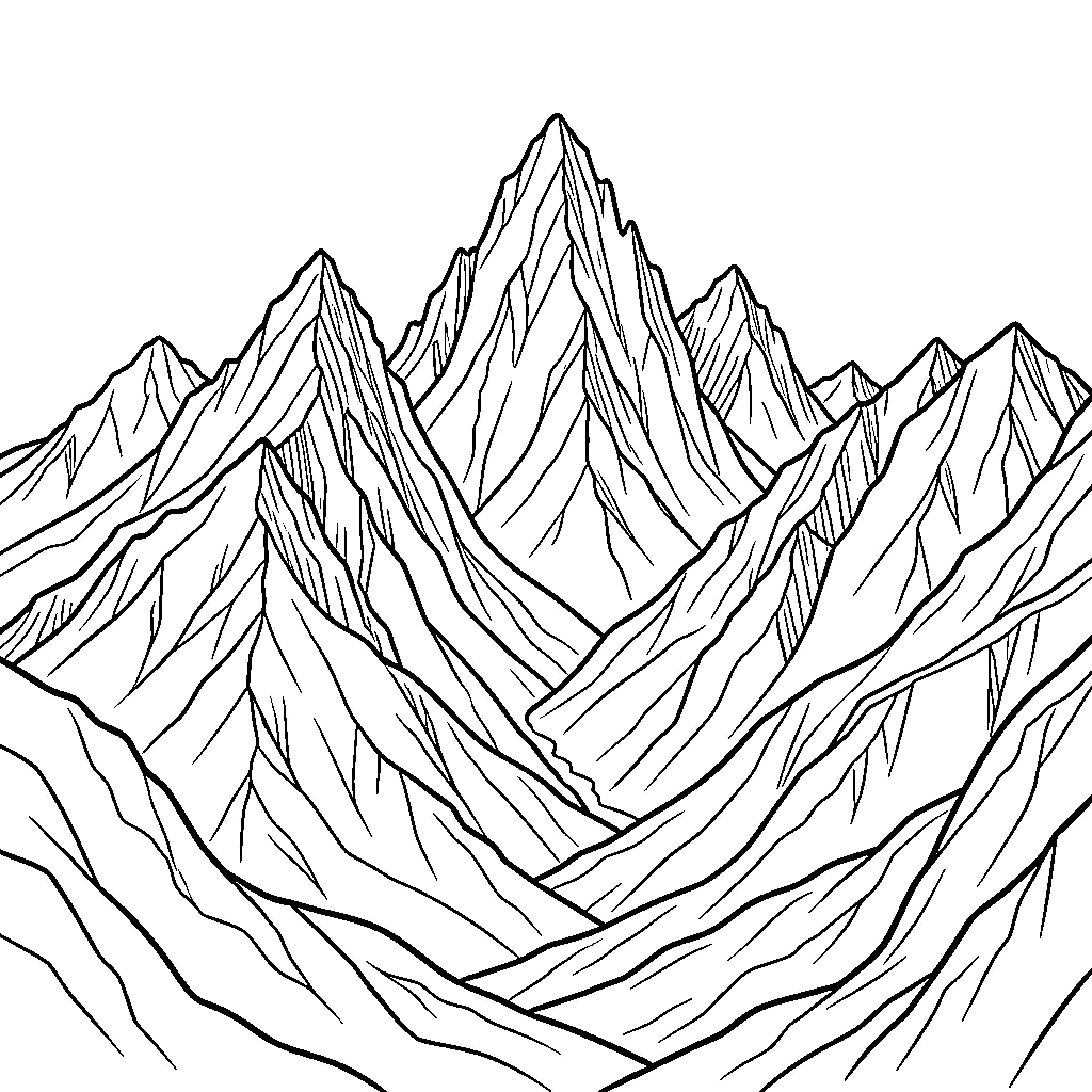 Djurdjura mountain peaks rising into the sky Coloring Page (free black-and-white line drawing printable PDF for all, from beginners to advanced learners, including children, teens, adults, and seniors)