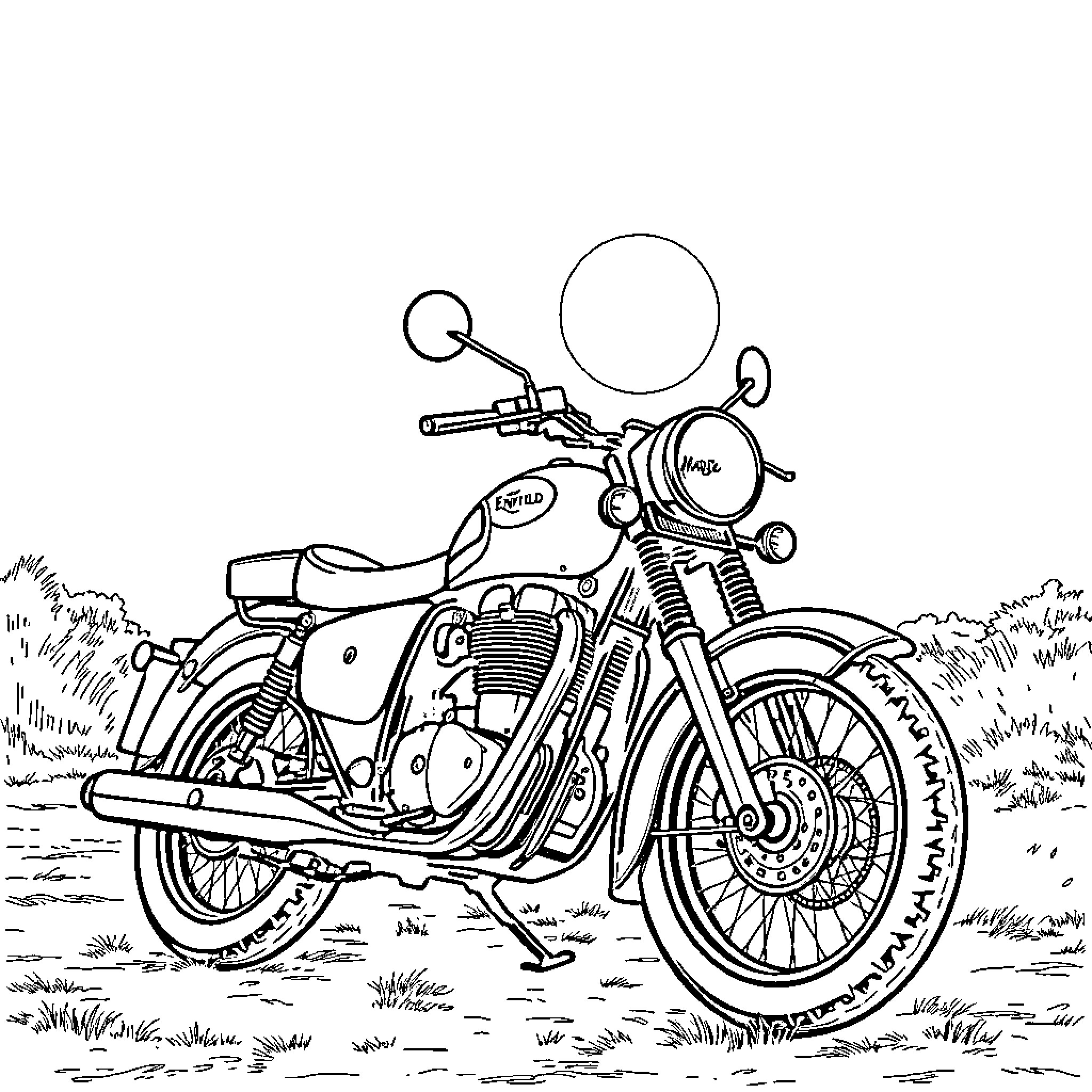 Royal Enfield Motorcycle Parked in Nature Coloring Page (free black-and-white line drawing printable PDF for all, from beginners to advanced learners, including children, teens, adults, and seniors)