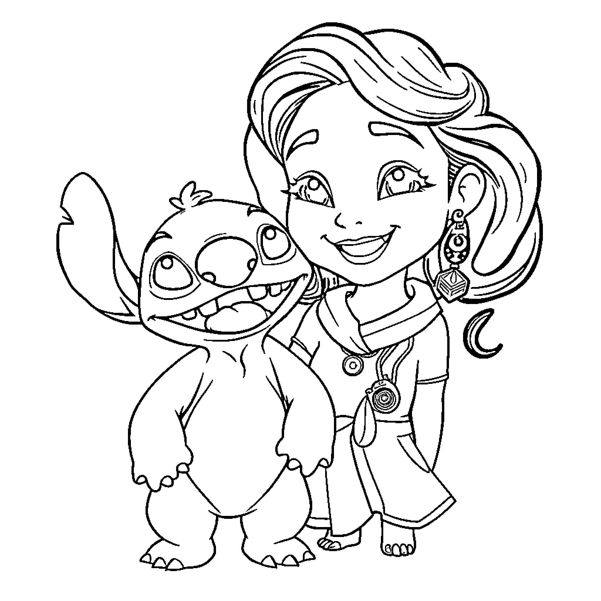 Vahiana's Enchanting Adventure with Playful Companion Coloring Page (free black-and-white line drawing printable PDF for all, from beginners to advanced learners, including children, teens, adults, and seniors)