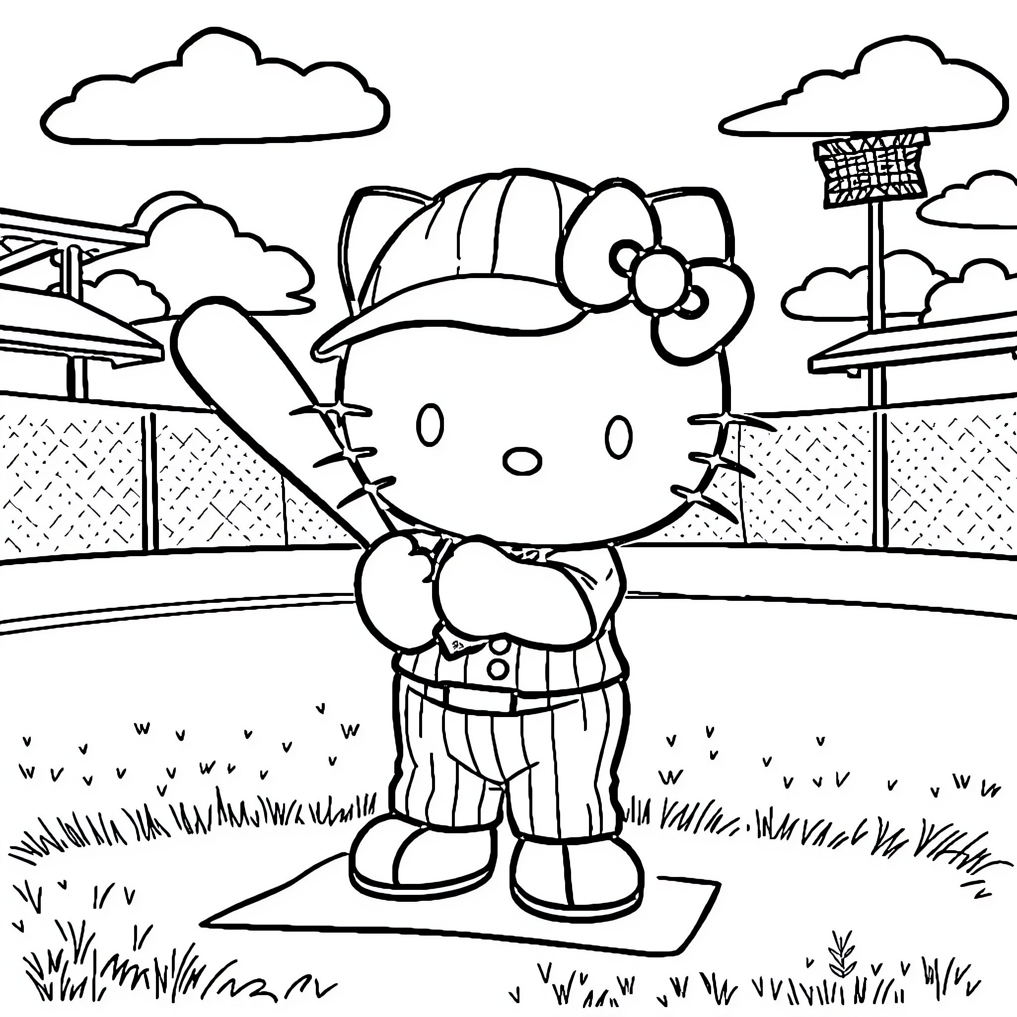 Hello Kitty playing in the outdoor sports field Coloring Page (free black-and-white line drawing printable PDF for all, from beginners to advanced learners, including children, teens, adults, and seniors)