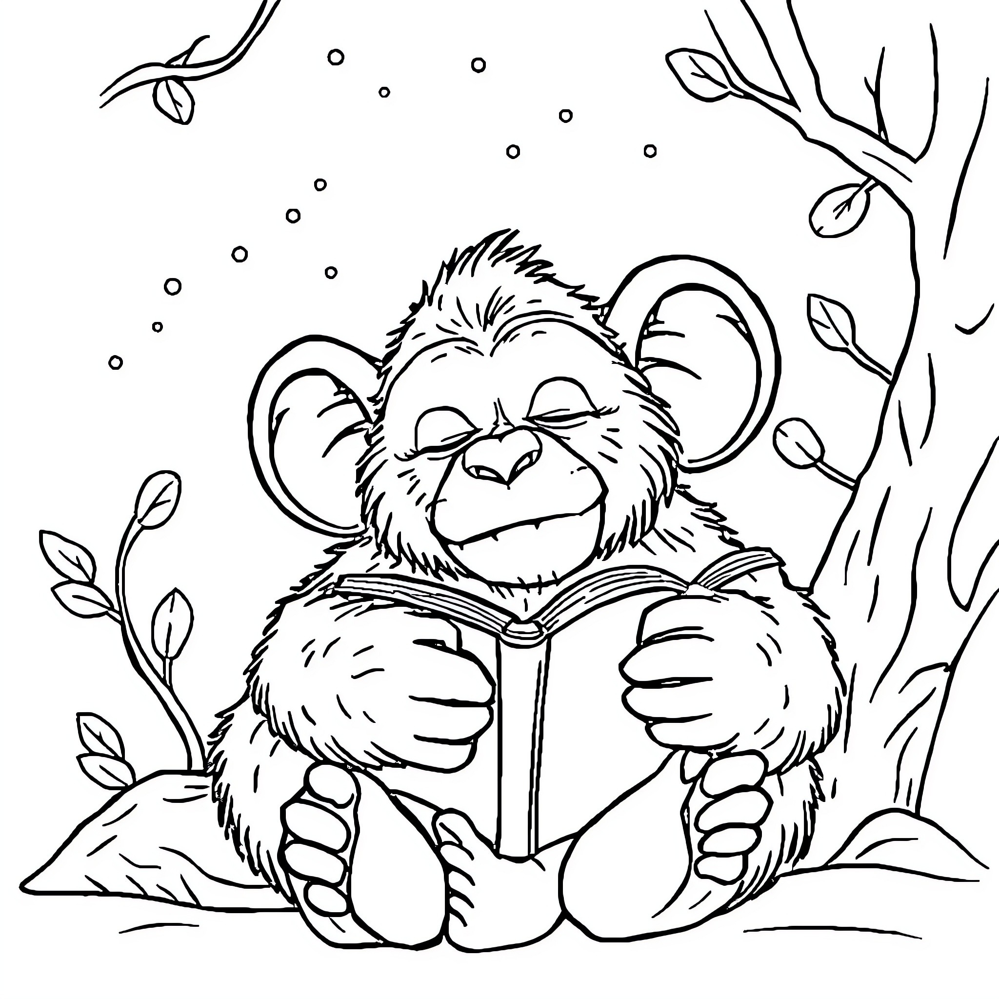 Monster reading book in cozy forest Coloring Page (free black-and-white line drawing printable PDF for all, from beginners to advanced learners, including children, teens, adults, and seniors)