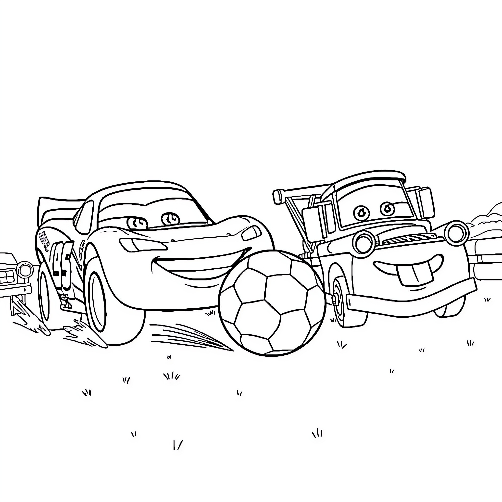 Lightning McQueen plays soccer with Mater Coloring Page (free black-and-white line drawing printable PDF for all, from beginners to advanced learners, including children, teens, adults, and seniors)