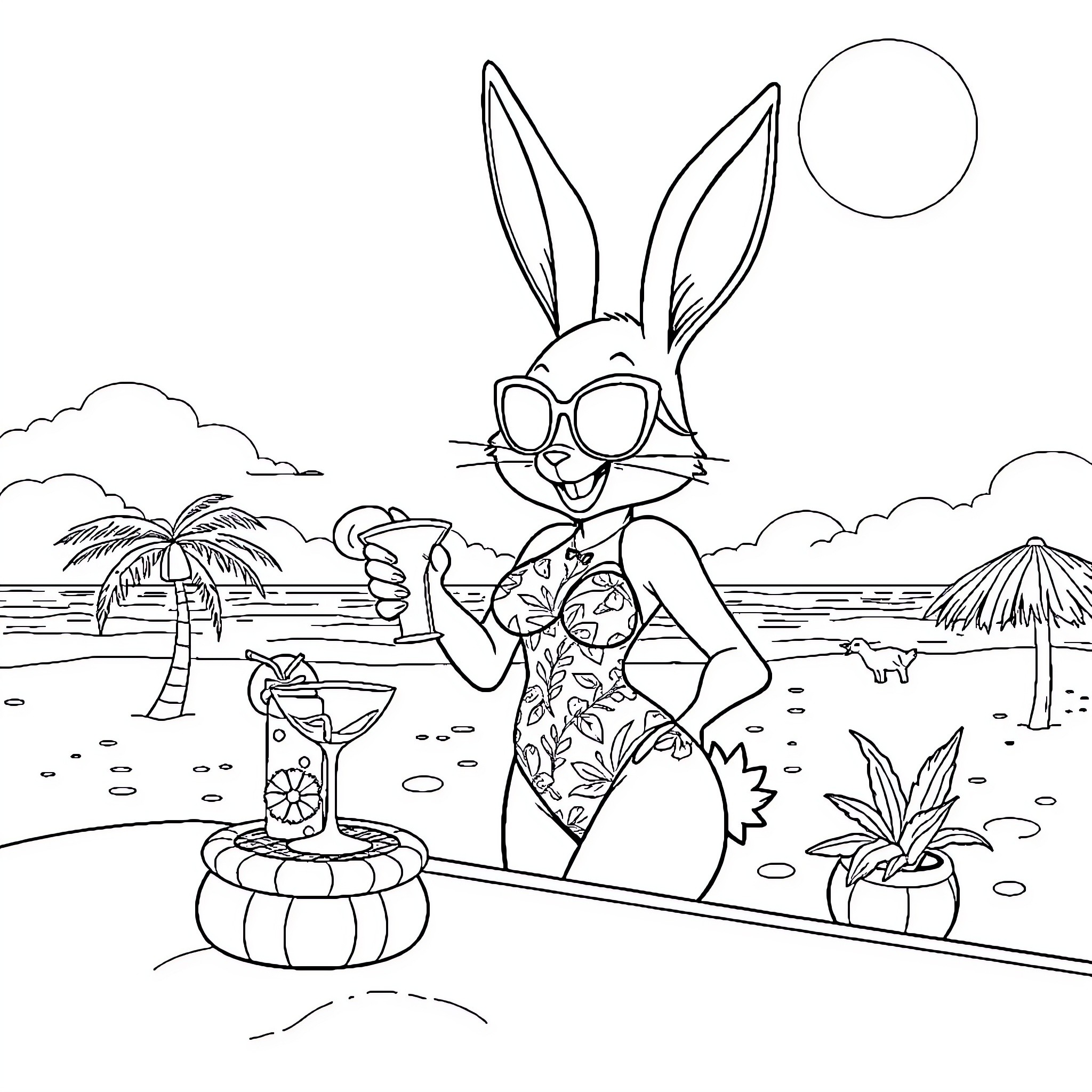 Lola Bunny enjoying tropical vacation at the beach Coloring Page (free black-and-white line drawing printable PDF for all, from beginners to advanced learners, including children, teens, adults, and seniors)
