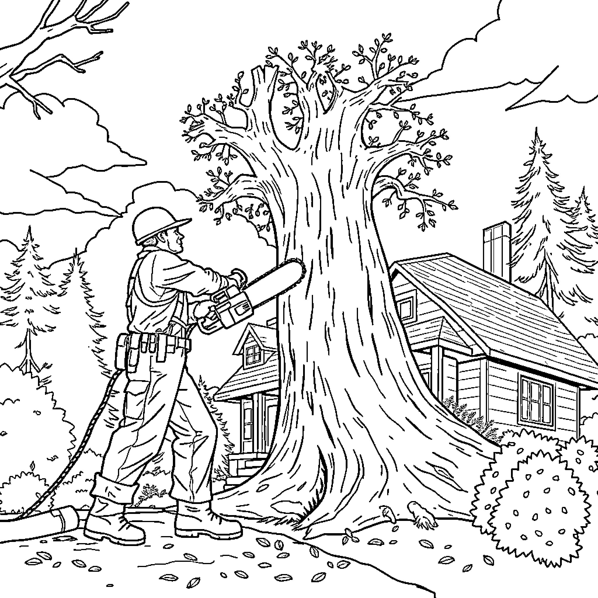 Arborist examining a large tree near a cabin in the woods Coloring Page (free black-and-white line drawing printable PDF for all, from beginners to advanced learners, including children, teens, adults, and seniors)
